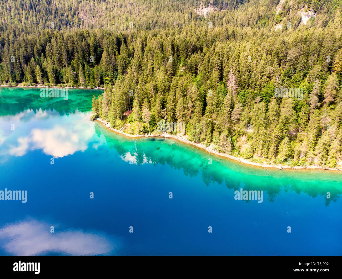 Italy, Trentino, South Tirol, Non Valley, aerial view of lake Tovel in summer Stock Photo