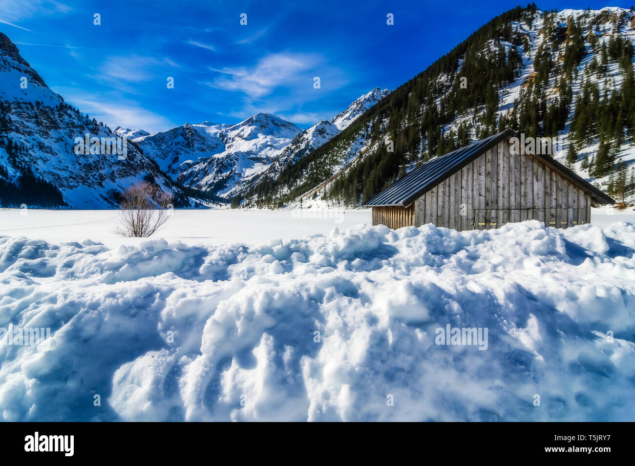 Austria, Tyrol, Tannheim Valley, barn in winter Stock Photo Alamy