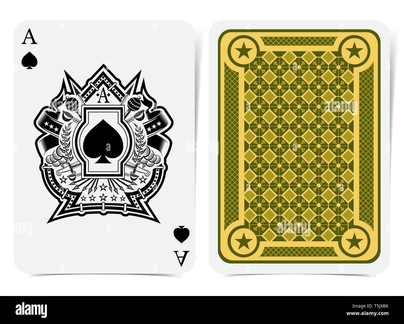 Ace of spades face with heraldic element with vintage weapon and flags