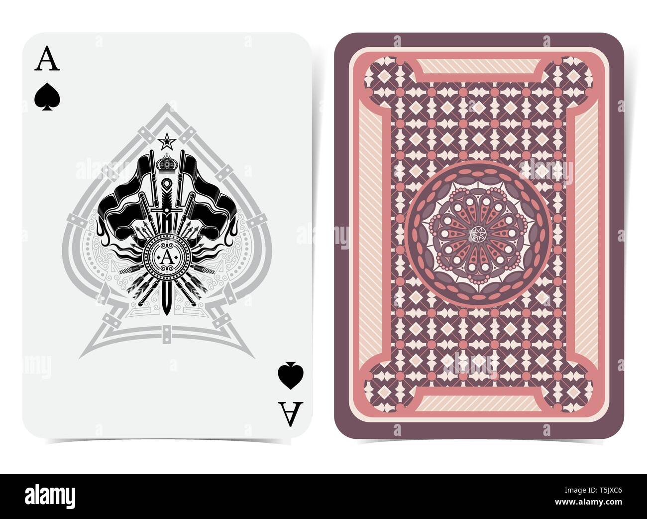 Ace of spades face with heraldic element with vintage weapon in center