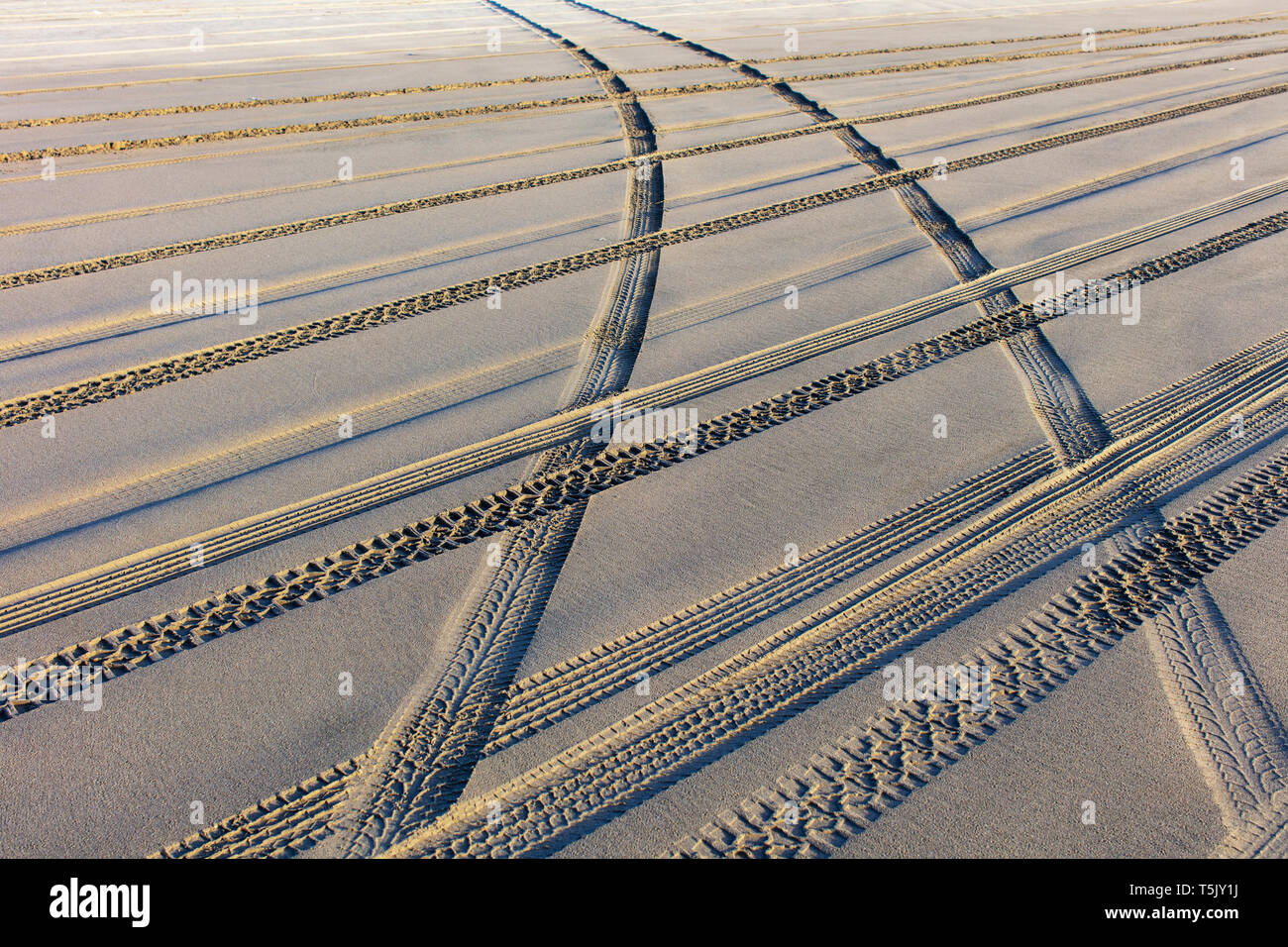 Tire tracks on the soft surface of sand on a beach. Stock Photo