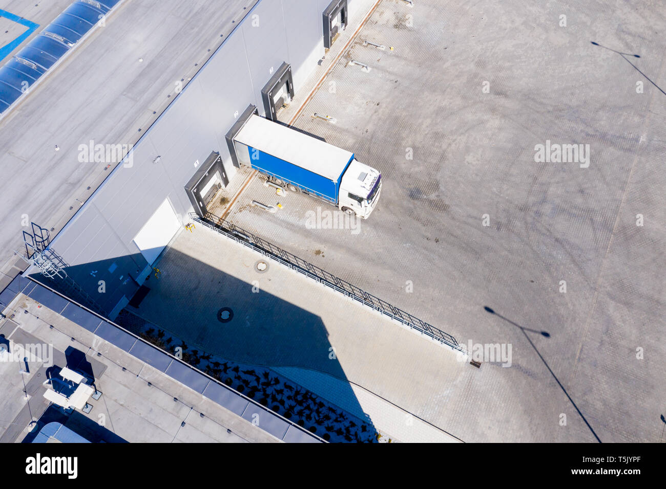 Large distribution hub, trucks and trailers. Aerial View Stock Photo Alamy