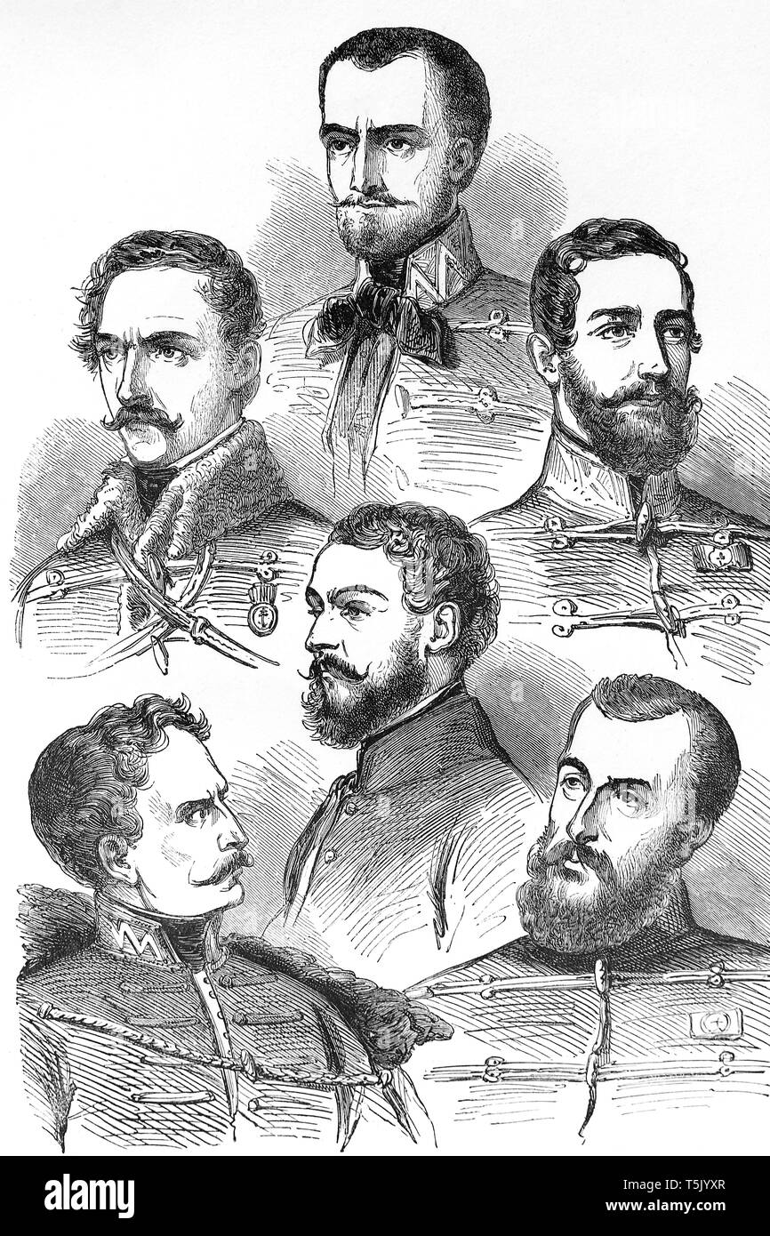 Hungarian generals. Circa 1840. Clockwise from above: Arthur Gorgei, Klappa, Richard Guyon, Lajos Aulich, Ant.Vetver, center: Count Lajos Batthyany. Stock Photo