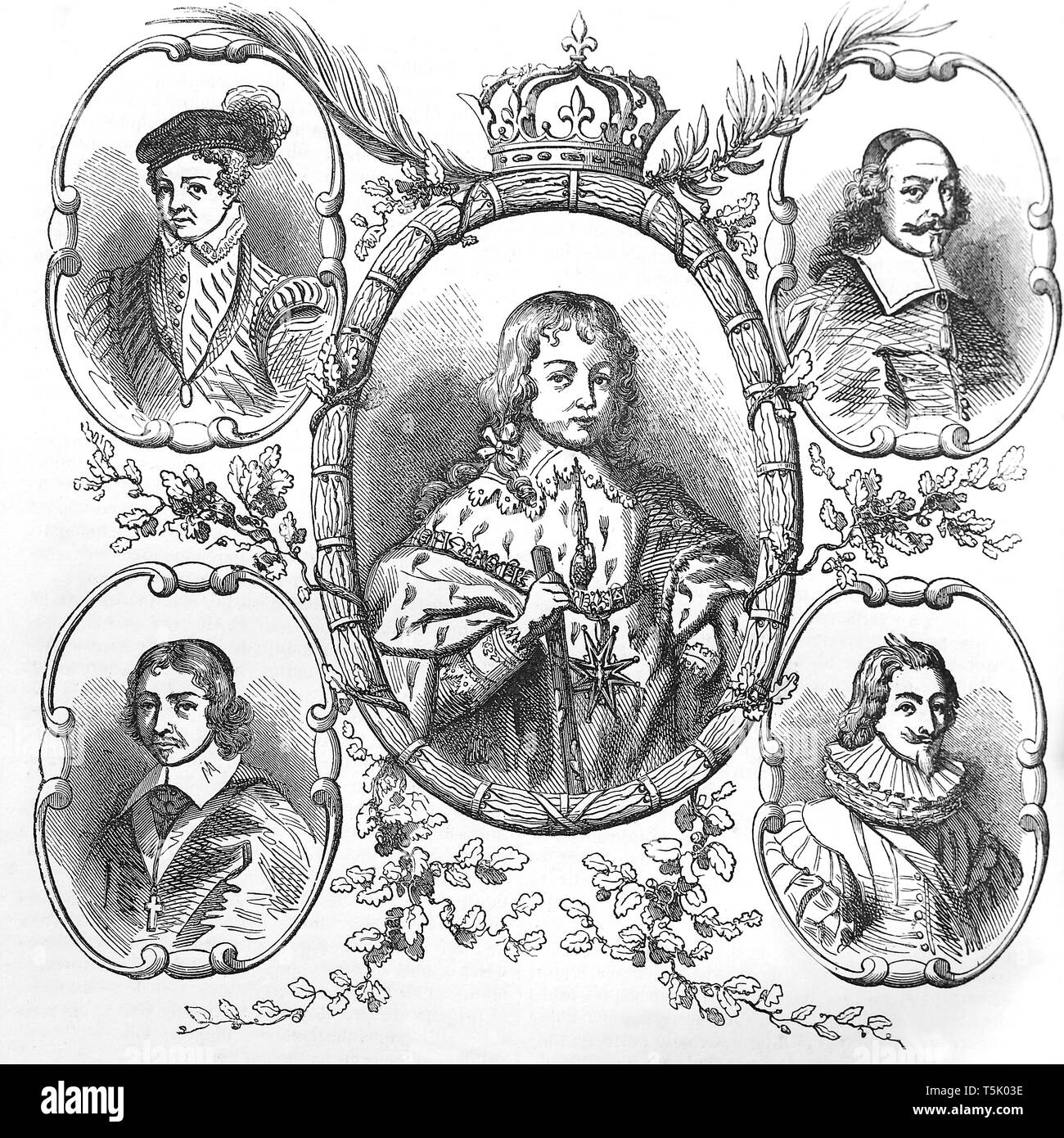 Center: Louis XIV  in the childhood. Clockwise from above: The Great Conde, Cardinal Mazarin, Cardinal de Retz, Duke of Beaufort. Stock Photo