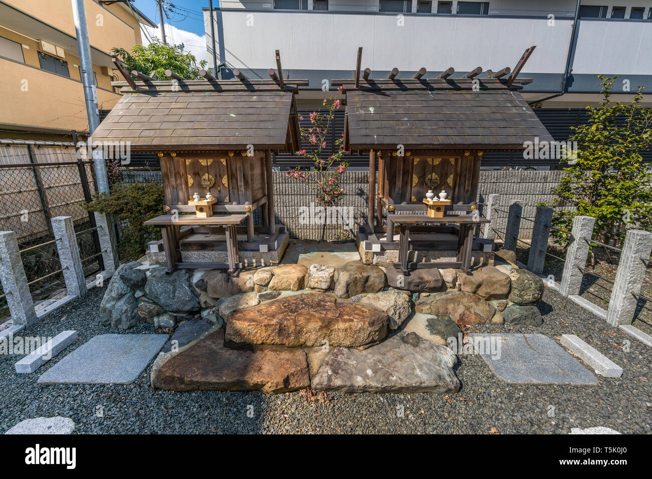 Kyoto, Japan - March 8, 2019 : Nishi-Umetsu Shinmyo-sha. Shinto Shrine devoted to Amaterasu-omikami and Toyoke-kami. Located in the grounds of Umenomi Stock Photo