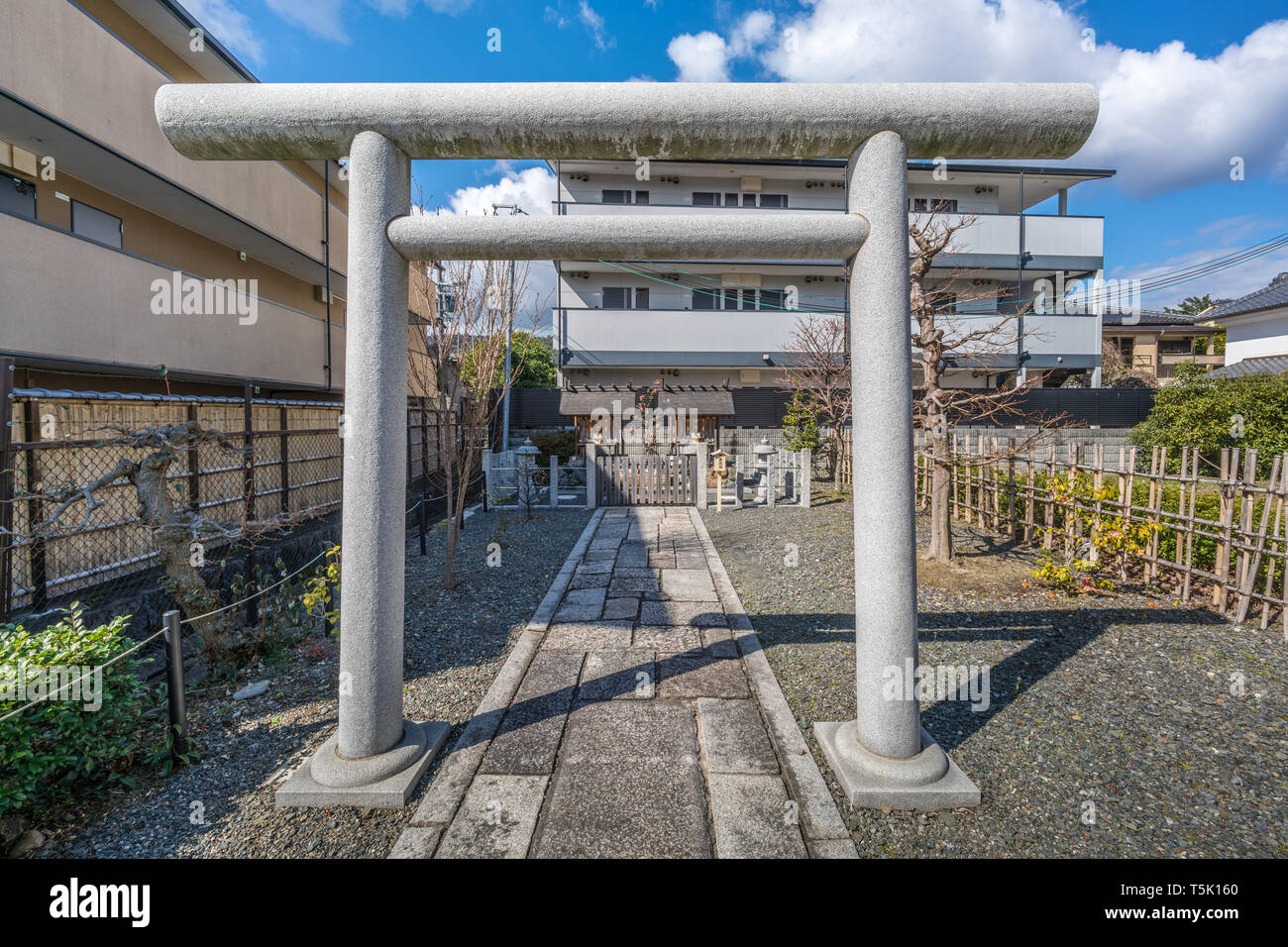 Kyoto, Japan - March 8, 2019 : Nishi-Umetsu Shinmyo-sha. Shinto Shrine devoted to Amaterasu-omikami and Toyoke-kami. Located in the grounds of Umenomi Stock Photo