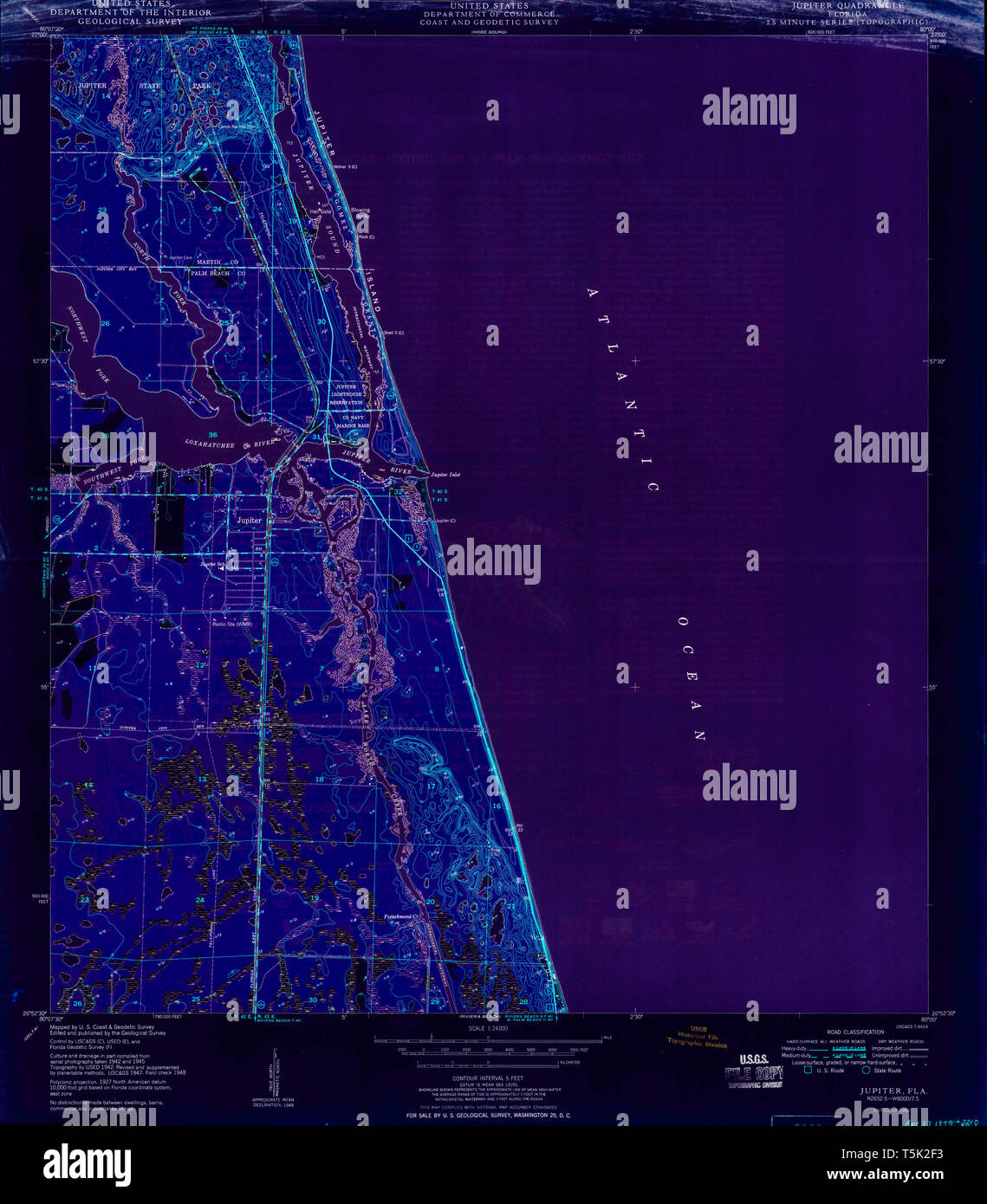 Jupiter florida map hi res stock - Usgs Topo Map Florida Fl Jupiter 346875 1950 24000 Inverted Restoration T5K2F3 