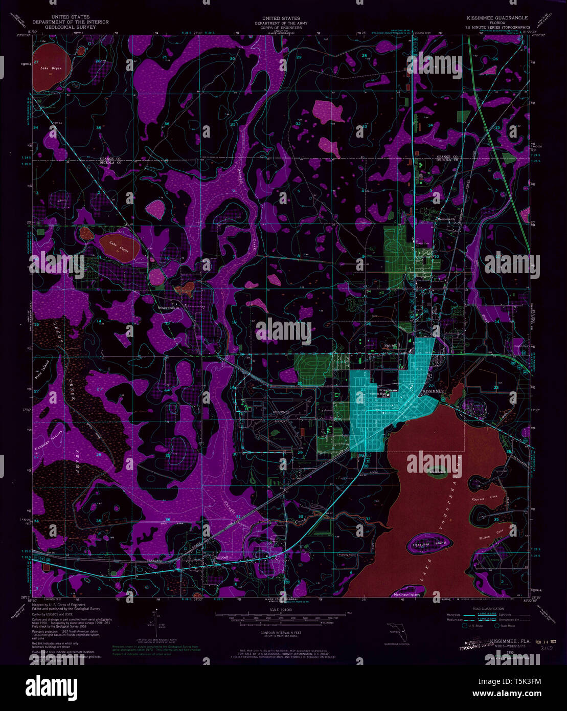 USGS TOPO Map Florida FL Kissimmee 346946 1953 24000 Inverted Restoration Stock Photo
