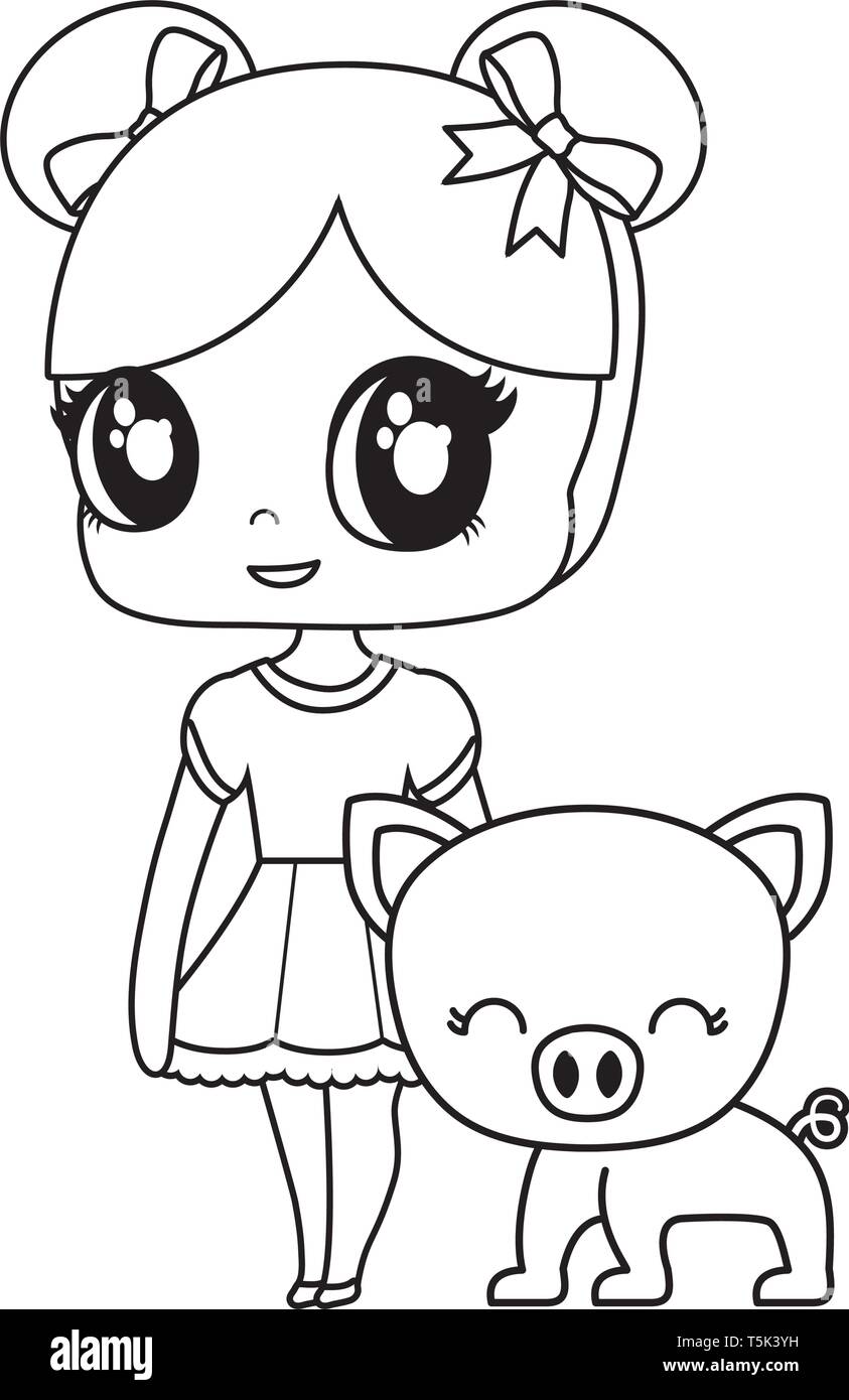 cute little doll with piggy animal vector illustration design ...
