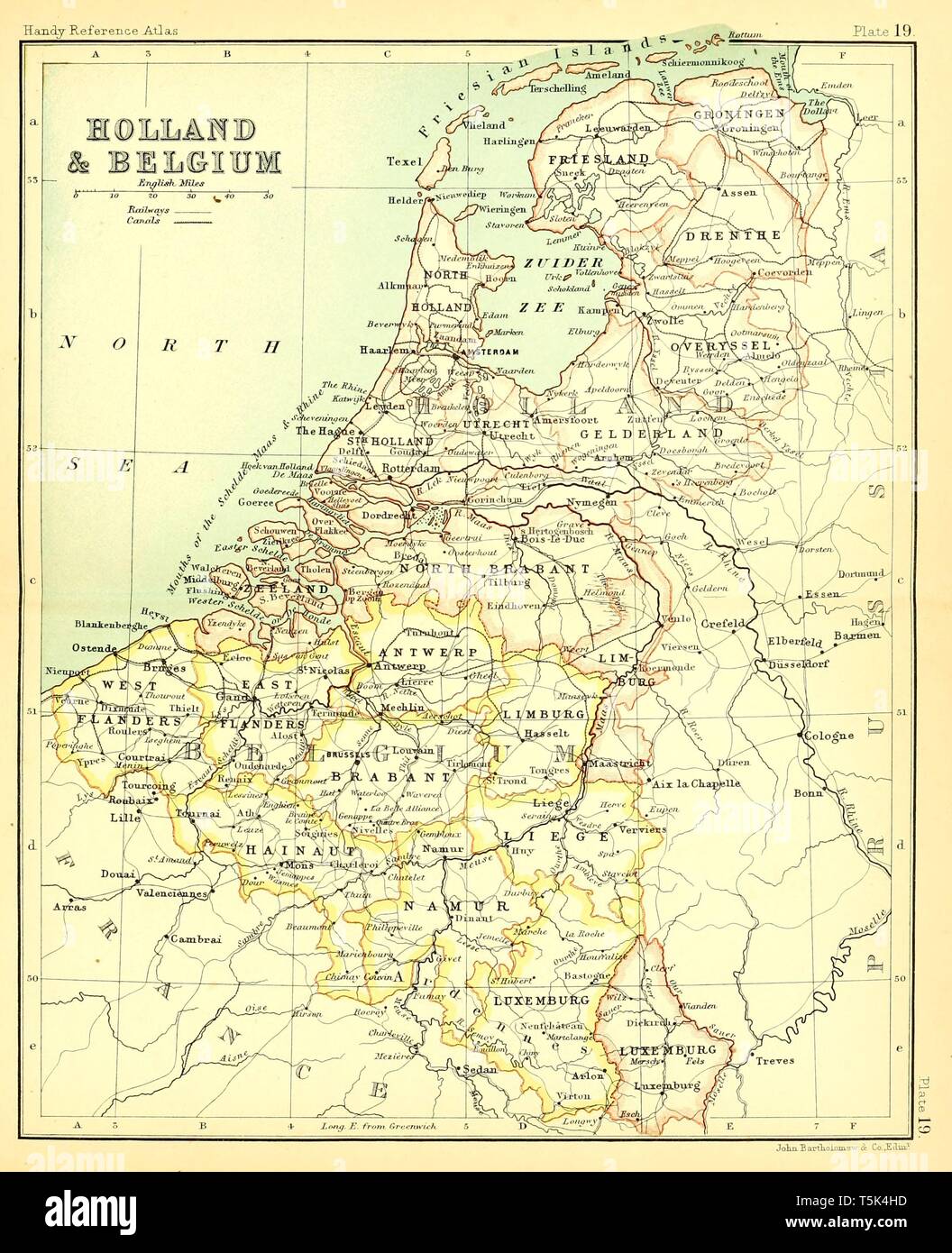 Beautiful vintage hand drawn map illustrations of Holland and Belgium from old book. Can be used as poster or decorative element for interior design. Stock Photo