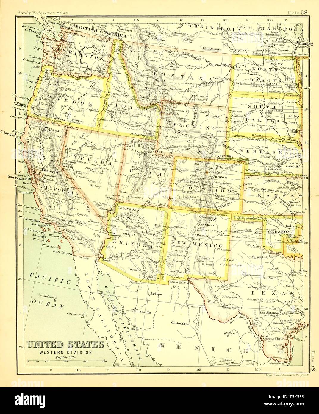 Beautiful vintage hand drawn map illustrations of USA West from old book. Can be used as poster or decorative element for interior design. Stock Photo
