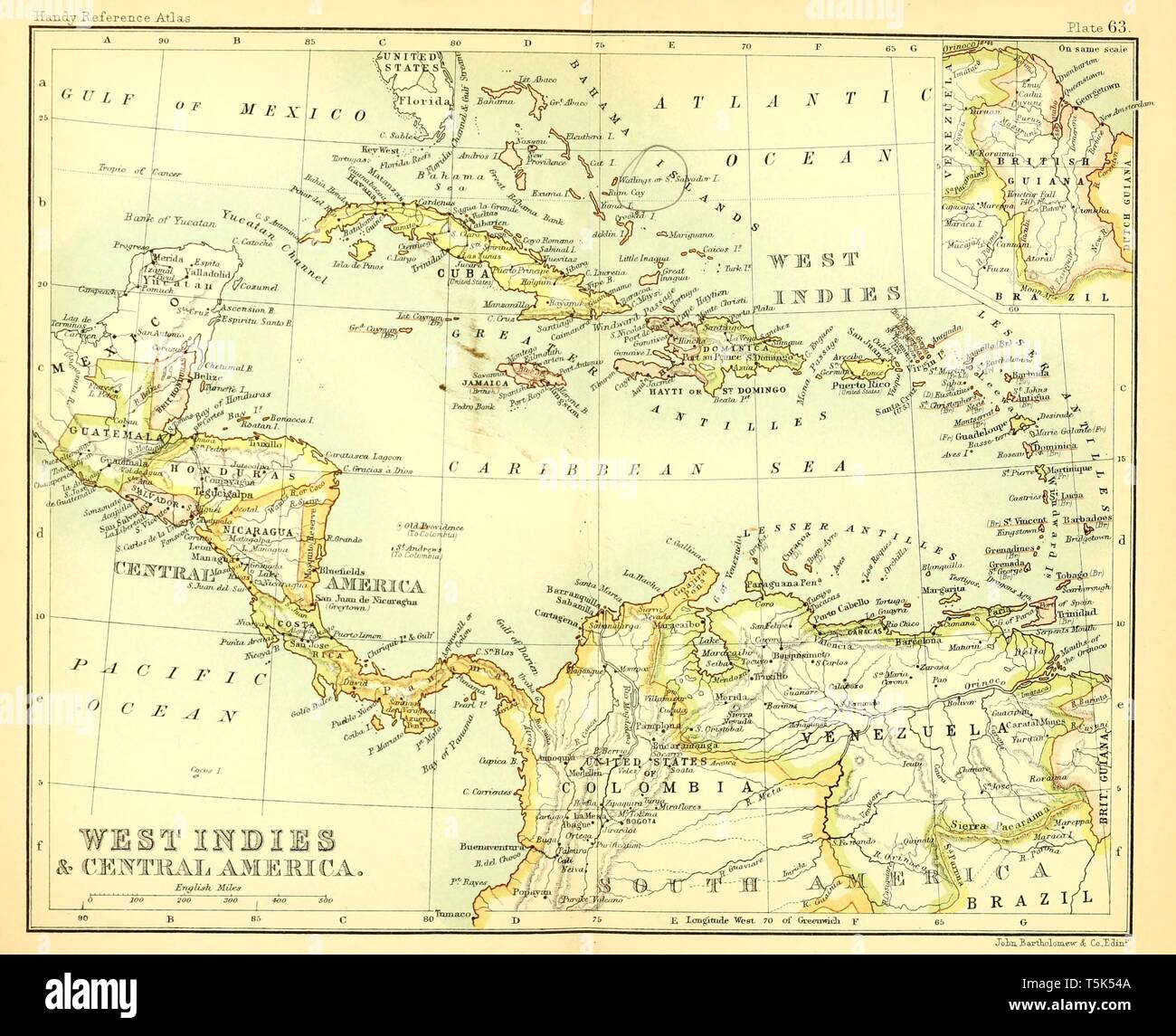 Beautiful vintage hand drawn map illustrations of West Indies from old book. Can be used as poster or decorative element for interior design. Stock Photo