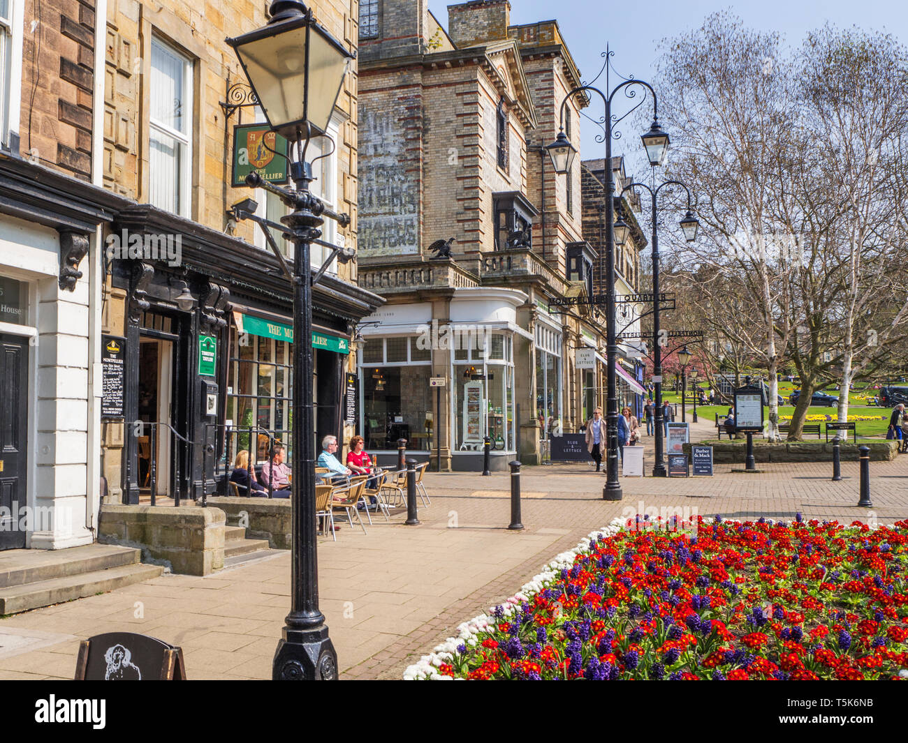 Spring flowers on busy Montpellier Hill in Harrogate Yorkshire England