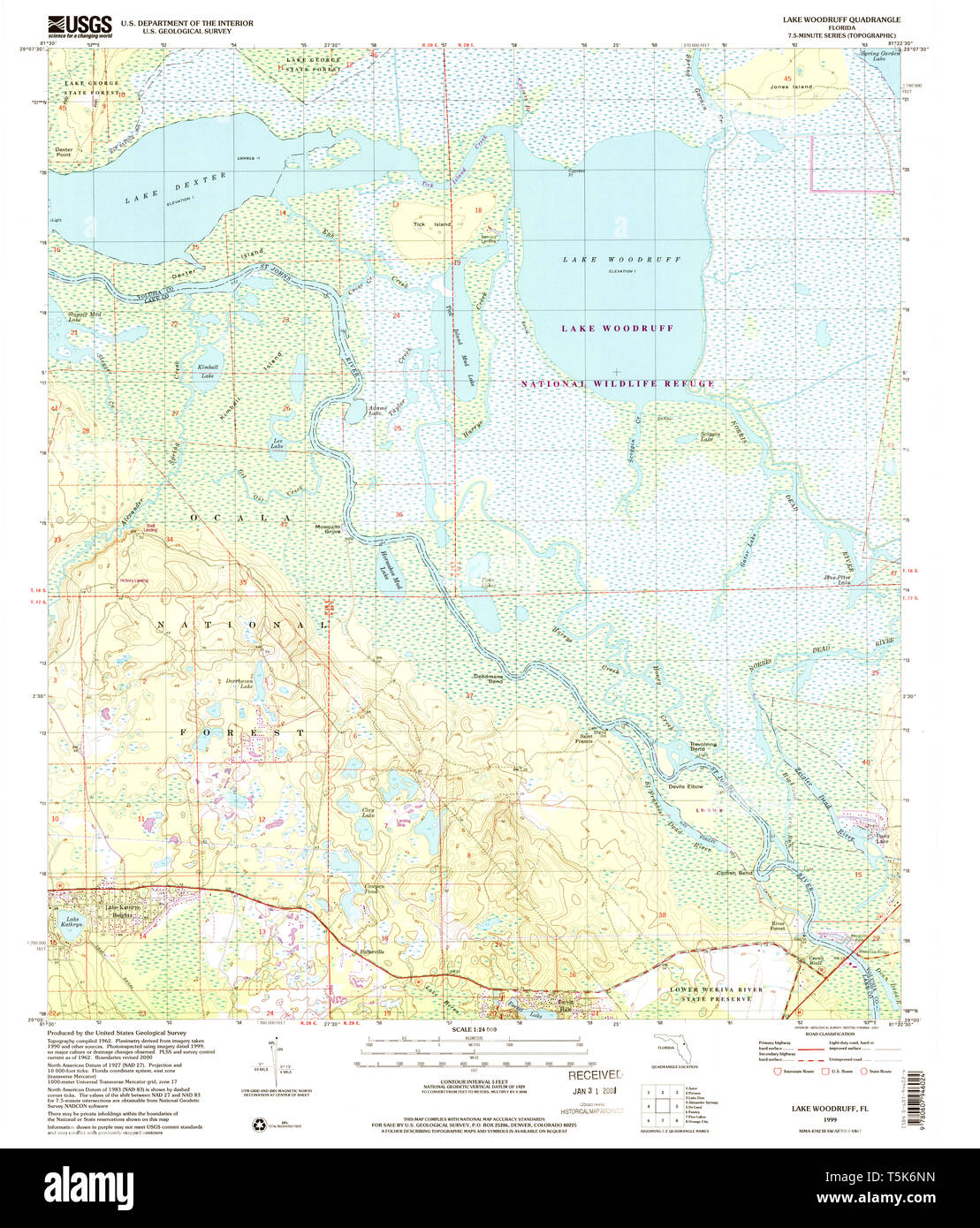 USGS TOPO Map Florida FL Lake Woodruff 347153 1999 24000 Restoration Stock Photo