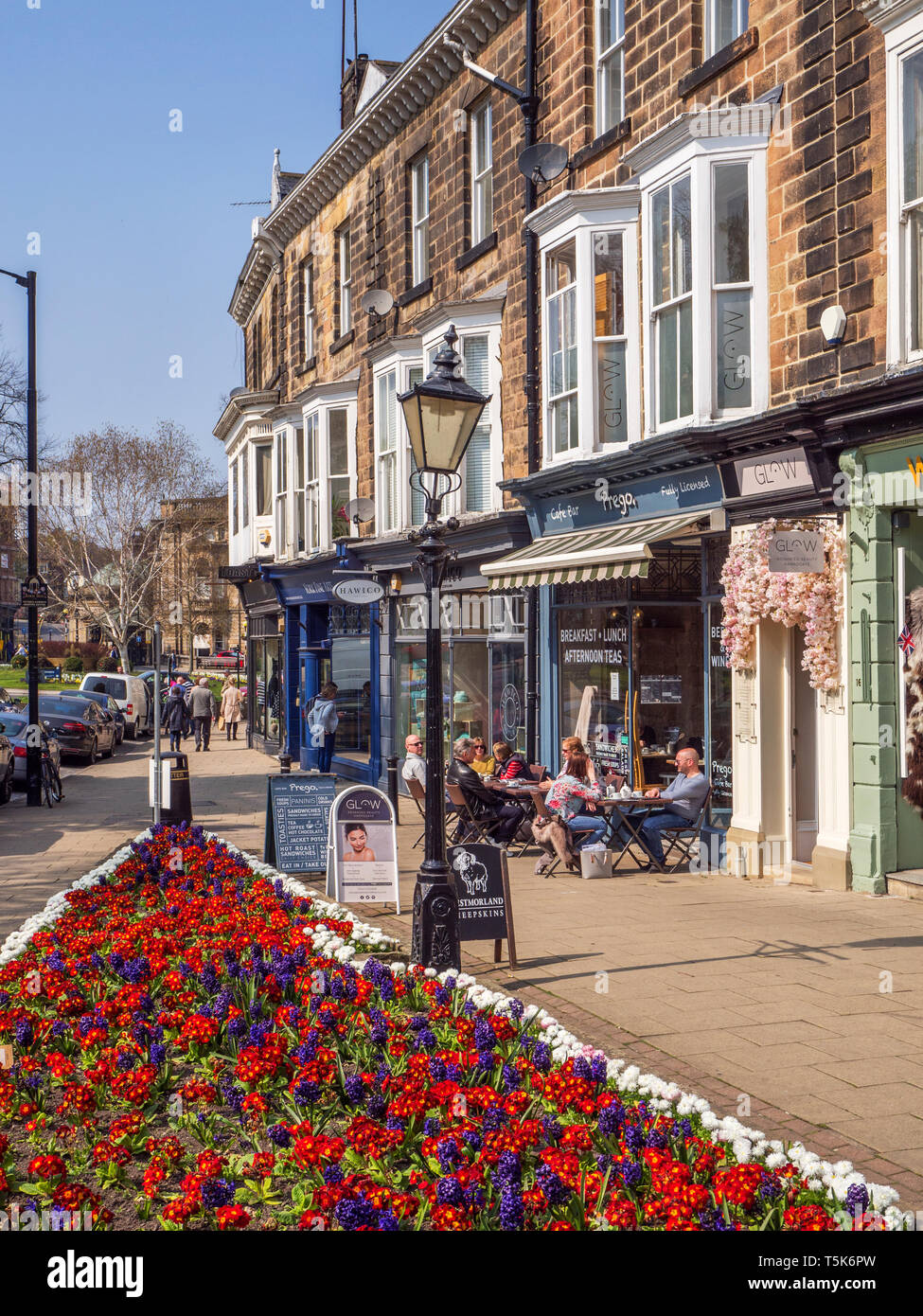 Spring flowers on busy Montpellier Hill in Harrogate Yorkshire England
