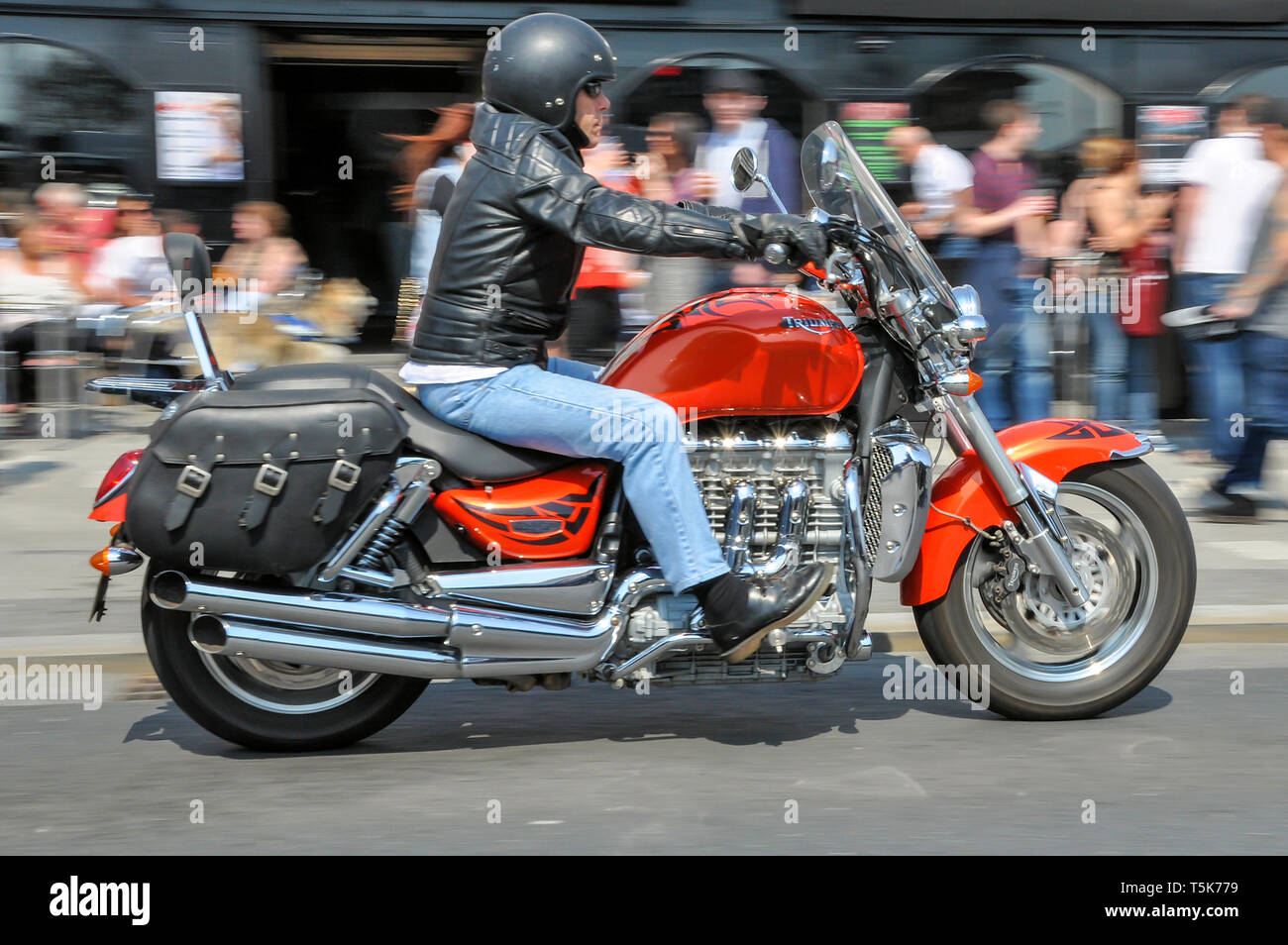 Triumph motorbike with huge engine ridden at the Southend Shakedown