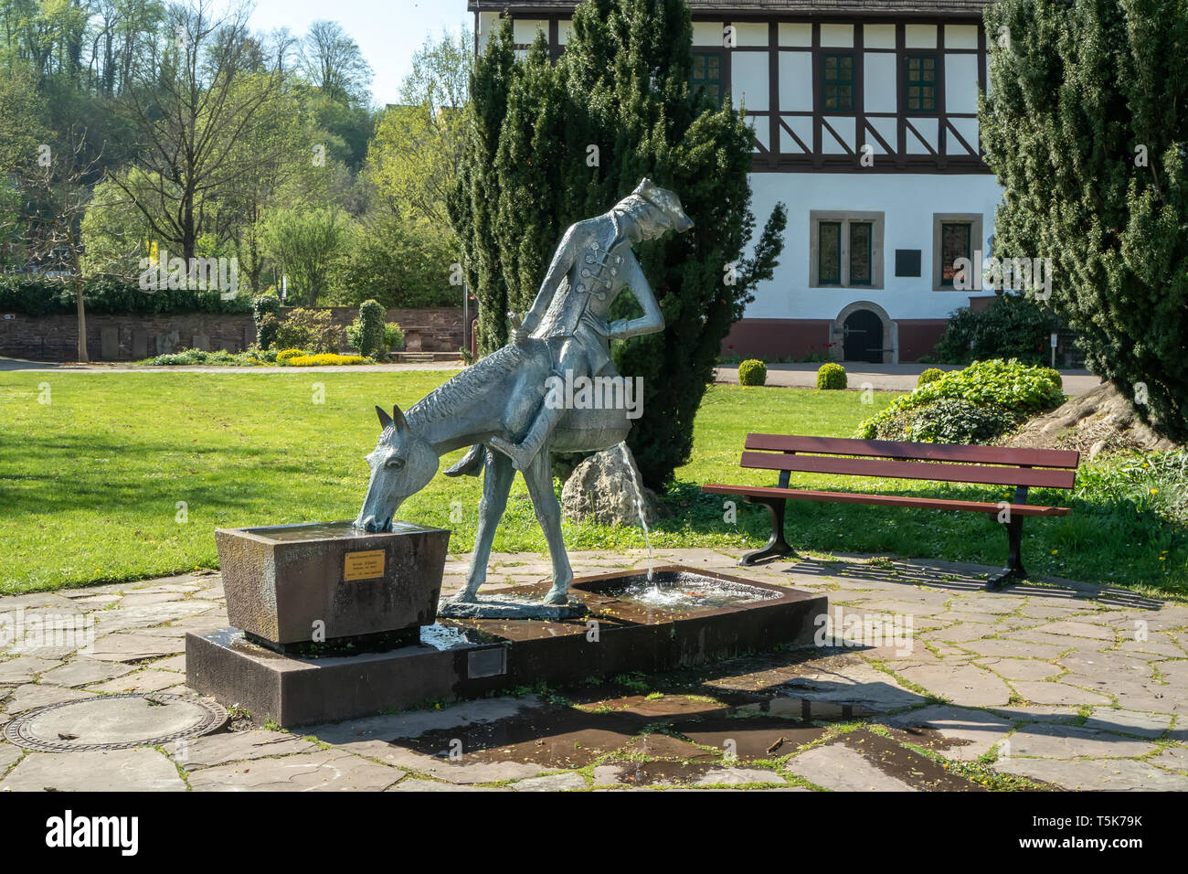 Bodenwerder, Germany, 21/04/2019: Sculpture of the 'Lügenbaron von Münchhausen' Stock Photo