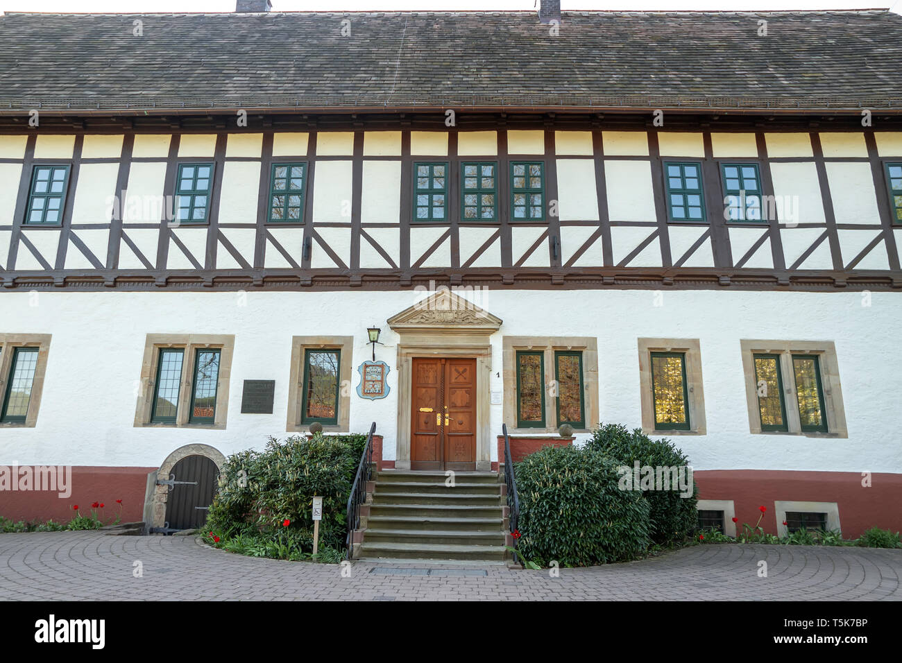Bodenwerder, Germany, 21/04/2019: Birth house "Lügenbaron von Münchhausen" Stock Photo