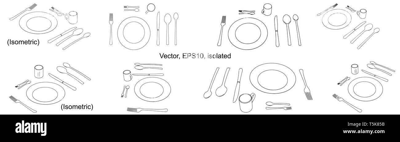Cutlery set. Plate with spoon, knife, fork, teaspoon and cup. Tableware icon,  Isolated sign. Vector, isolated, EPS 10. Stock Vector