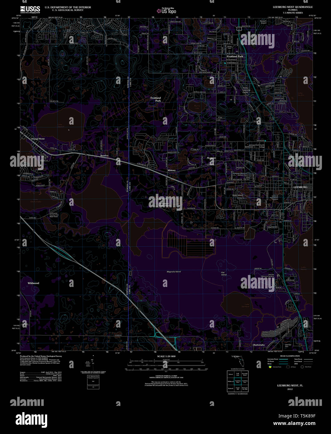 USGS TOPO Map Florida FL Leesburg West 20120720 TM Inverted Restoration Stock Photo