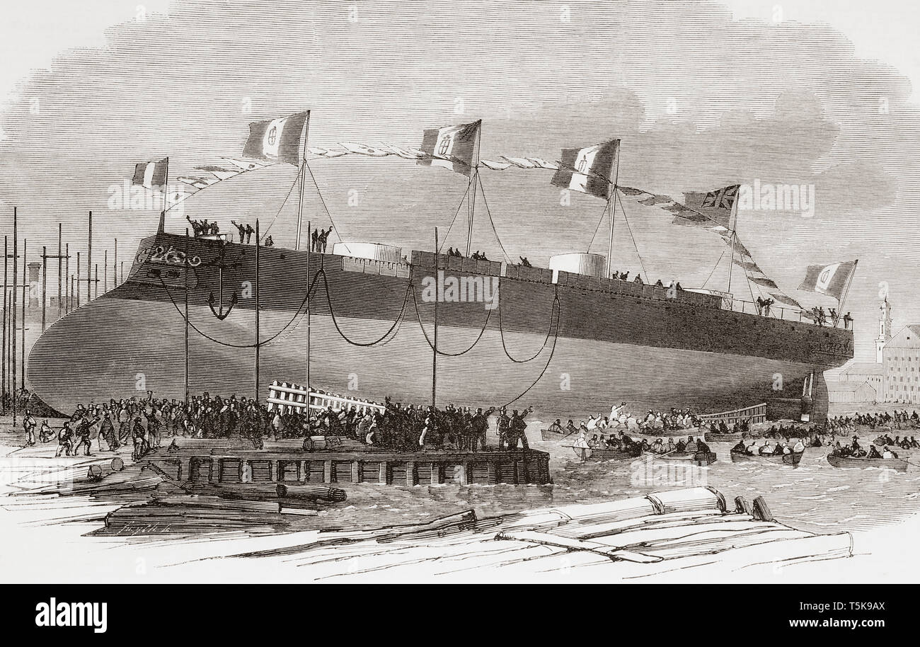 The launch of the Affondatore, iron-clad cupola frigate, built for the king of Italy at Millwall, England.  From The Illustrated London News, published 1865. Stock Photo