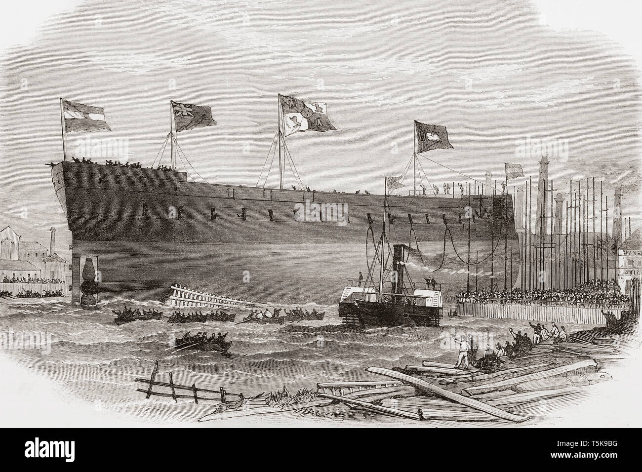 The launch of the Victoria, iron-clad frigate built for the Queen of Spain at Blackwall Yard, River Thames, London, England, 1865.  From The Illustrated London News, published 1865. Stock Photo