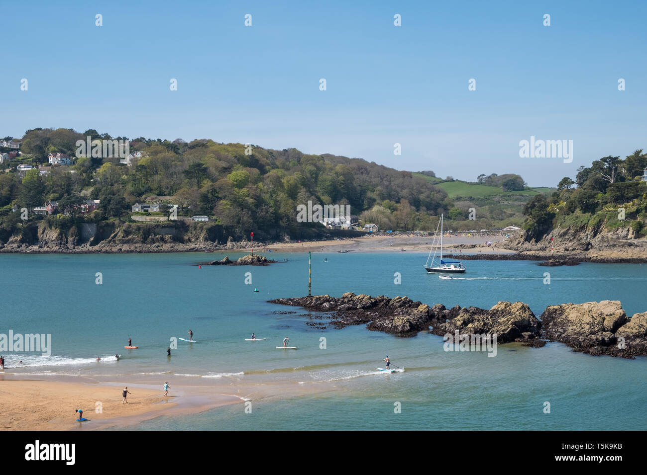 Exposed rocks at low tide at the entrance to the Salcombe estuary with North Sands in the background, South Hams, Devon, UK Stock Photo