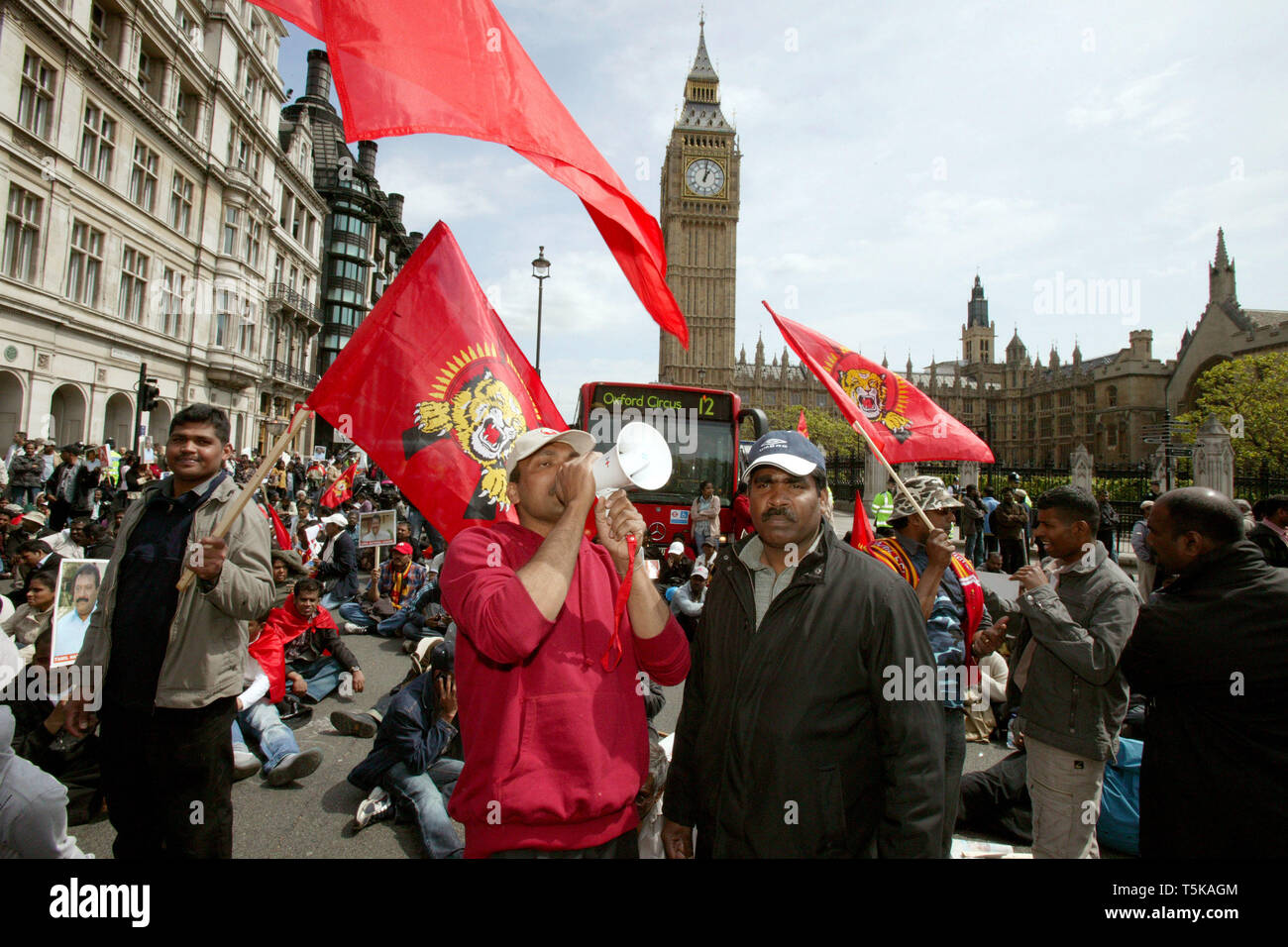 Pro-Tamil Tiger demonstrators blocking traffic at Westminster in central London. 11/05/2009 Stock Photo