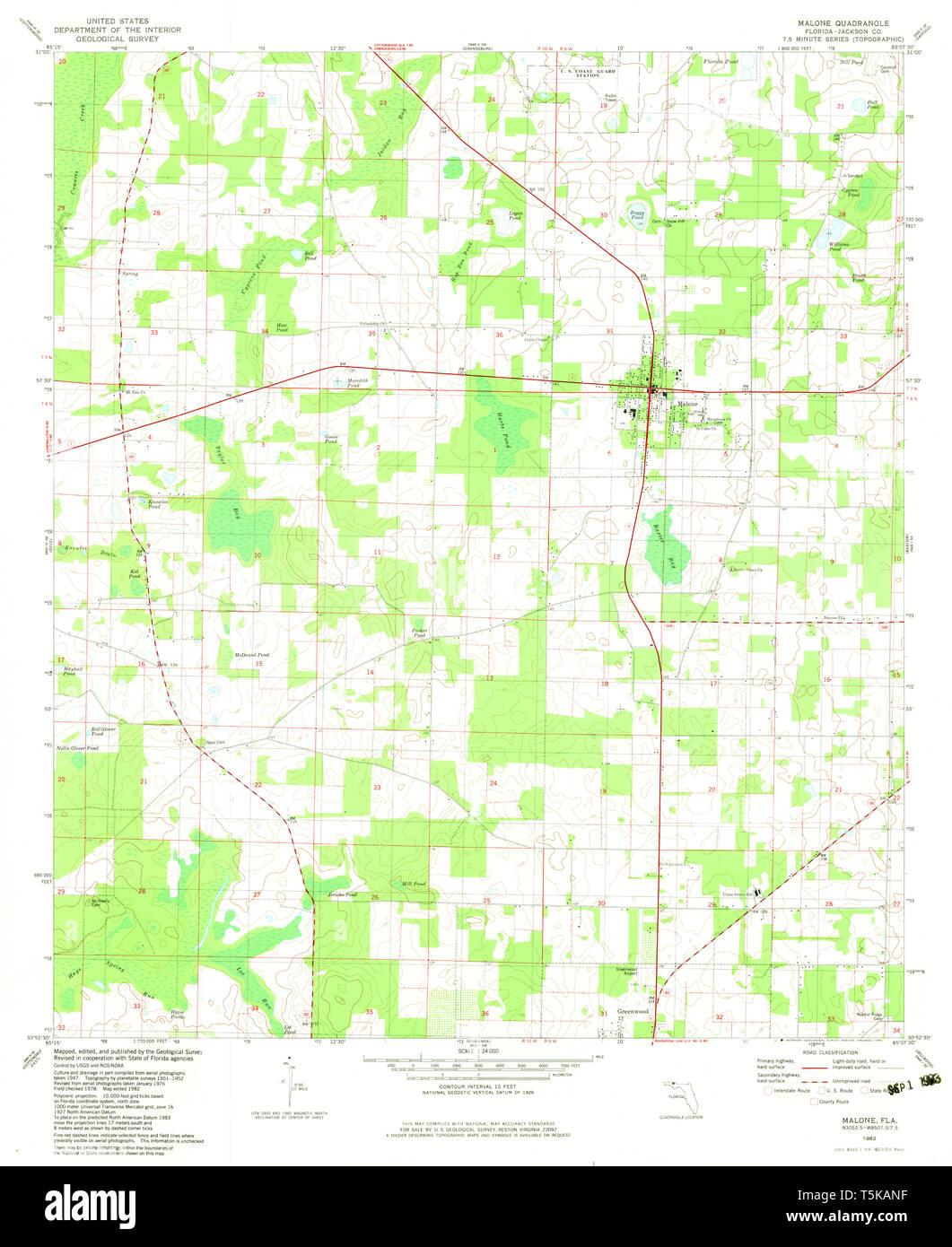 USGS TOPO Map Florida FL Malone 347331 1982 24000 Restoration Stock