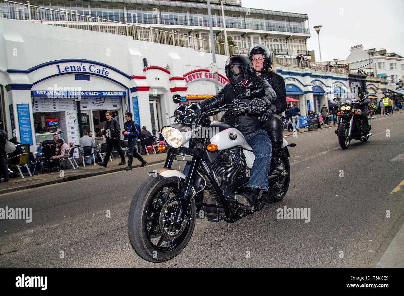 Victory Motorcycles motorbike ridden with pillion at the Southend Shakedown 2015 motorcycle rally, Southend on Sea, Essex, UK Stock Photo