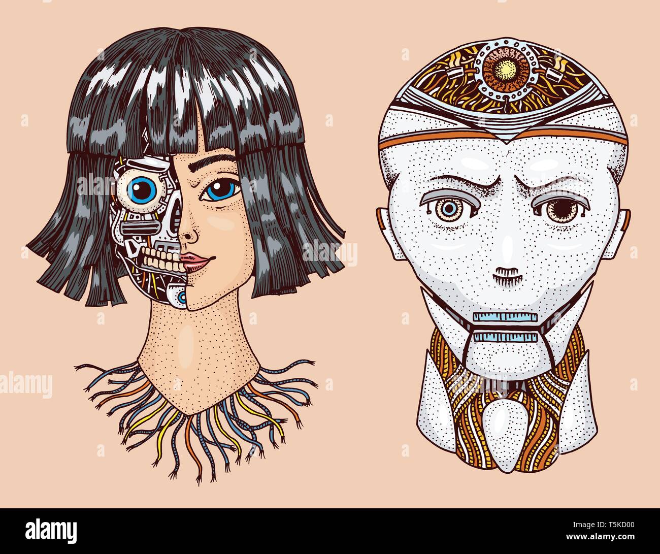 Artificial intelligence. Man and woman with half the face of robot. Replicant or Android. Hand drawn Future technology. Vintage Engraved Monochrome Stock Vector