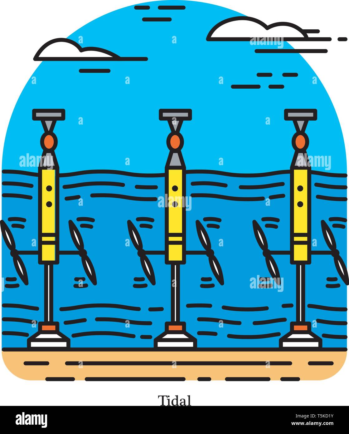 Tidal power plant. Form of hydropower that converts the energy obtained from tides into electricity. Powerhouse or generating station. Industrial Stock Vector