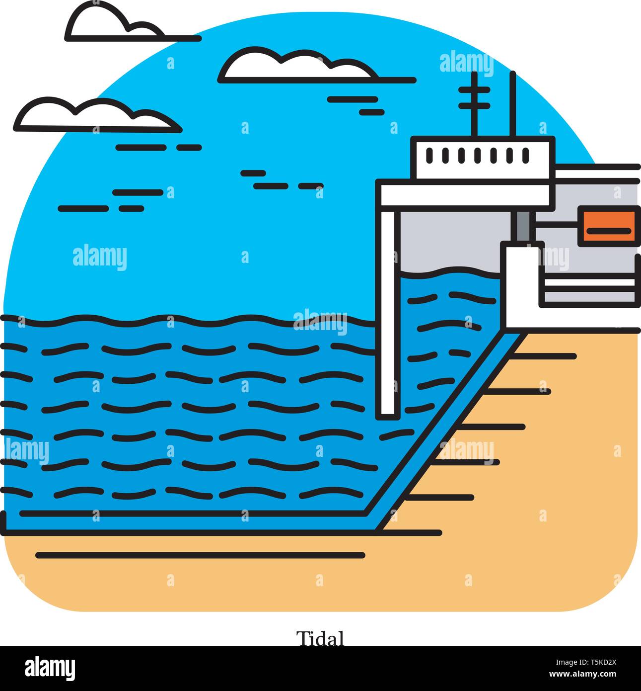 Tidal power plant. Form of hydropower that converts the energy obtained from tides into electricity. Powerhouse or generating station. Industrial Stock Vector