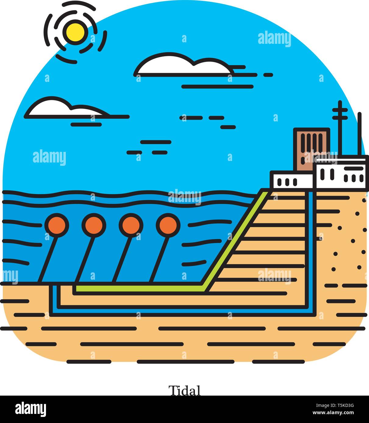 Tidal power plant. Form of hydropower that converts the energy obtained from tides into electricity. Powerhouse or generating station. Industrial Stock Vector