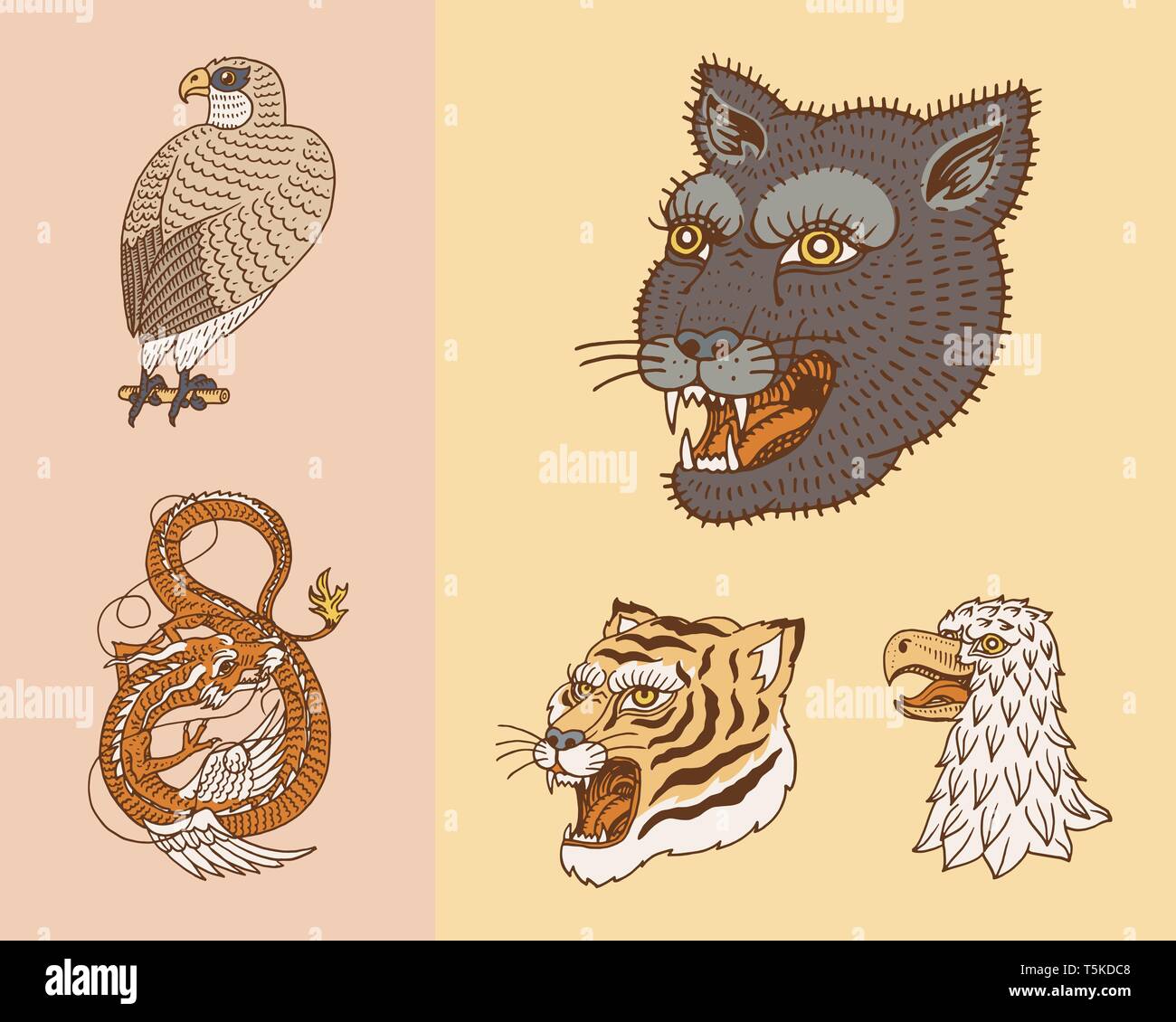 Wild vintage animals. Logo for t-shirt. Asian Tiger, Chinese Dragon, panther, fox, Falcon, Monkey. Translation The name of the Japanese mythological Stock Vector