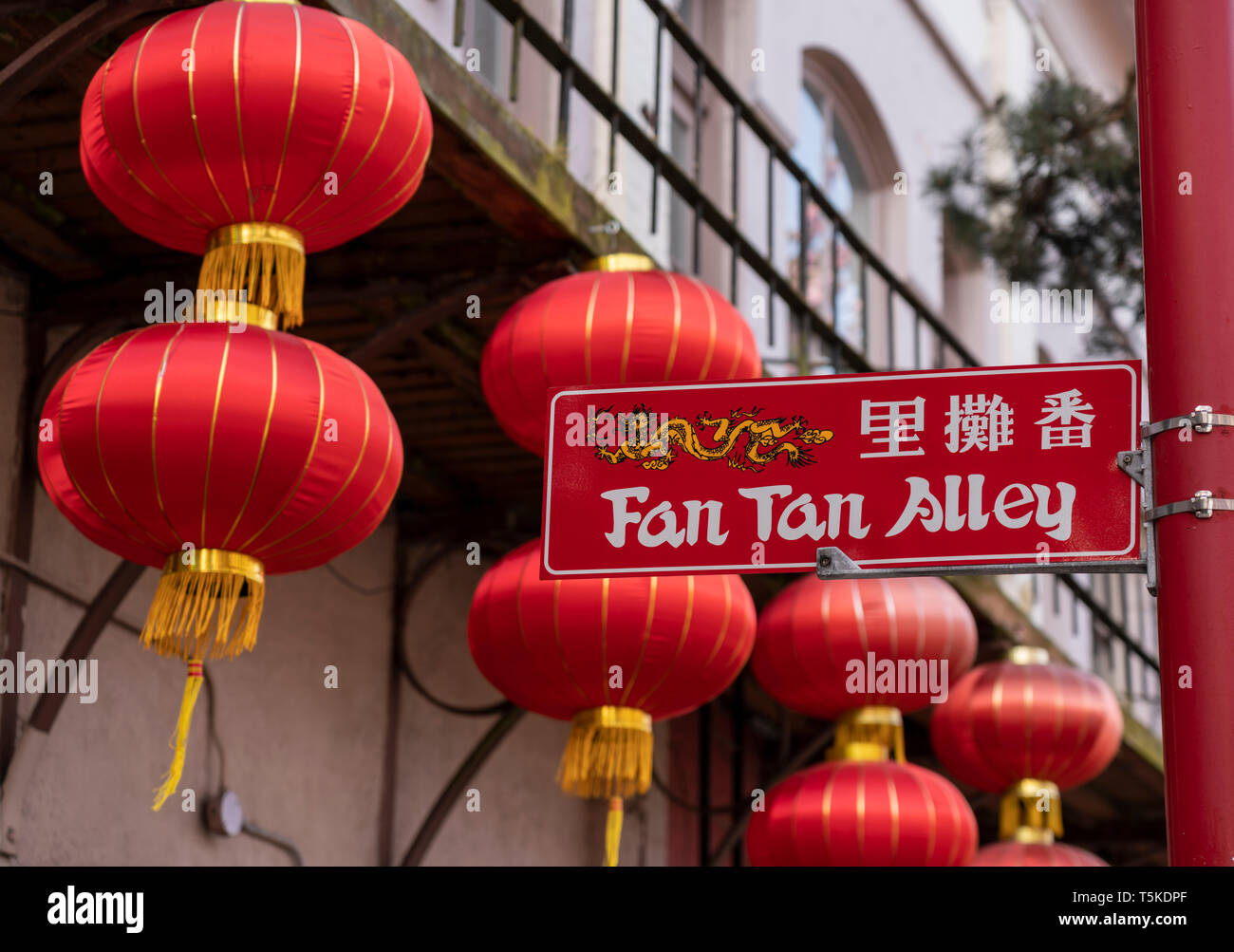 A sign for Fan Tan Alley in the Chinatown district of Victoria, British Columbia, Canada. Stock Photo