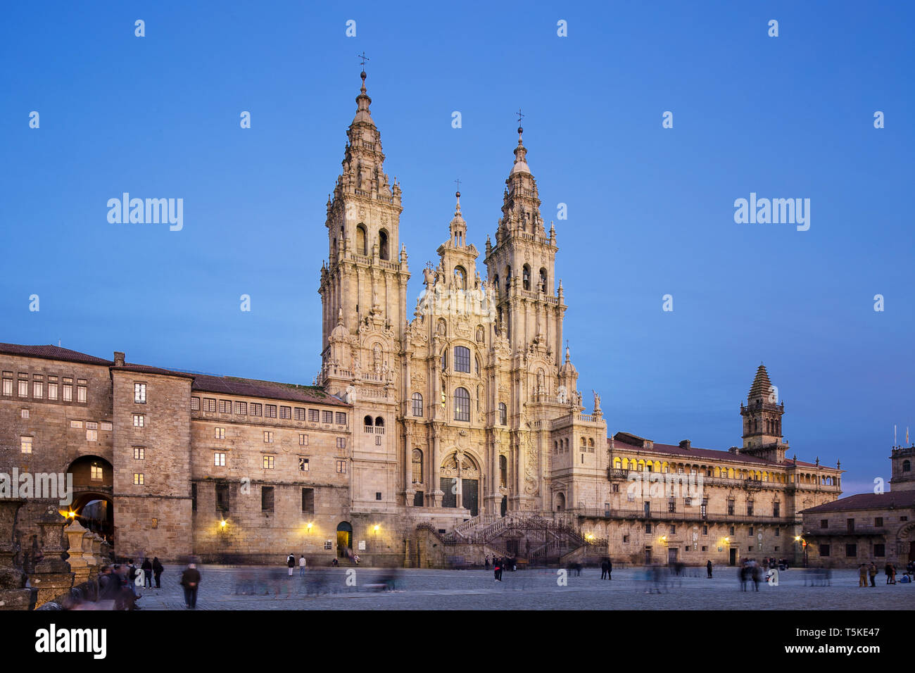 Santiago de Compostela Cathedral view from Obradoiro square at twilight. Cathedral of Saint James. Galicia, Spain Stock Photo
