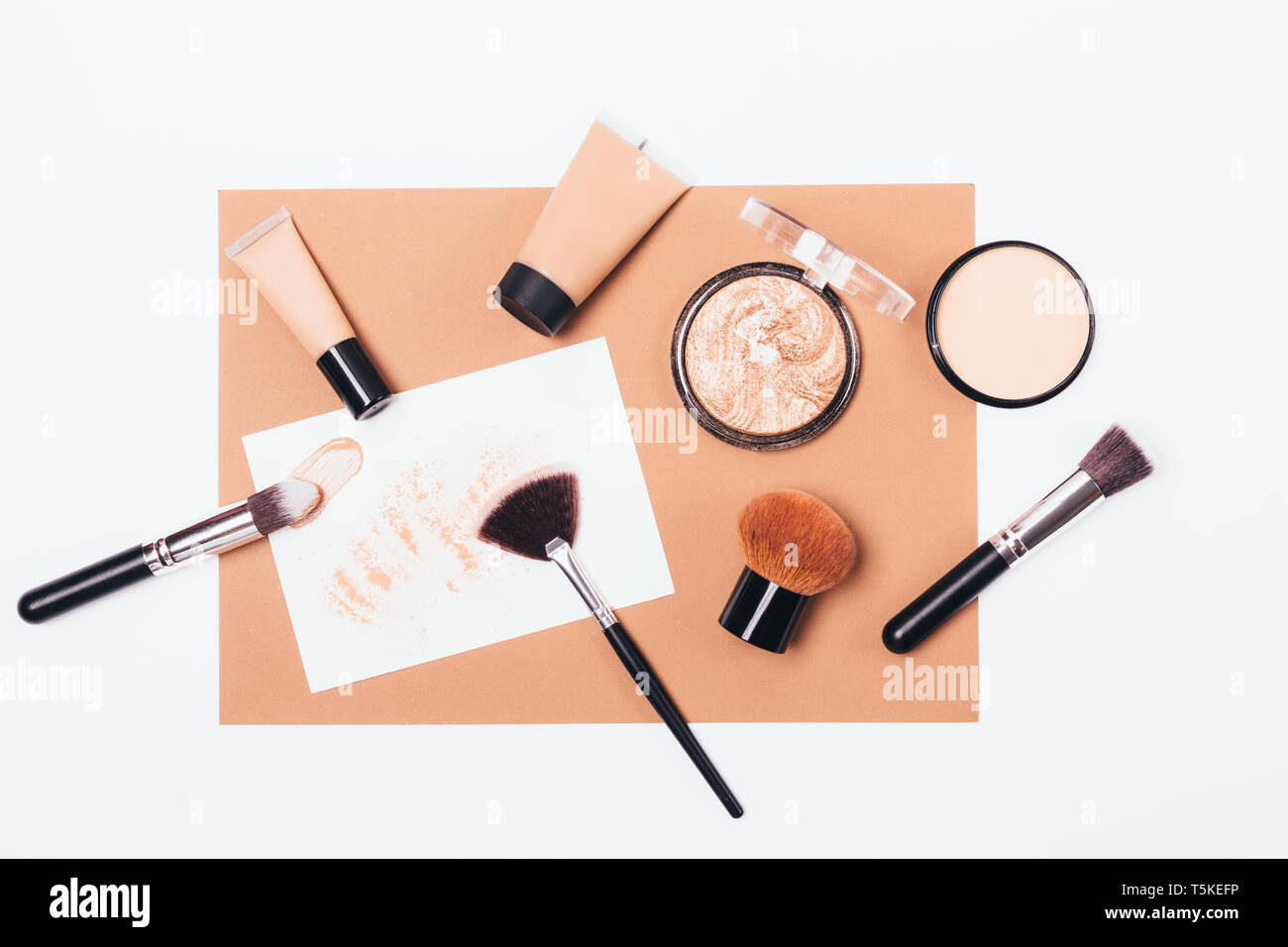 Makeup products for smooth and radiant complexion, top view, flat lay 