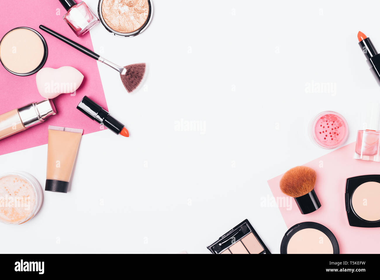 Women's decorative cosmetics and accessories on white background, flat lay.  Top view makeup tools and beauty products Stock Photo - Alamy