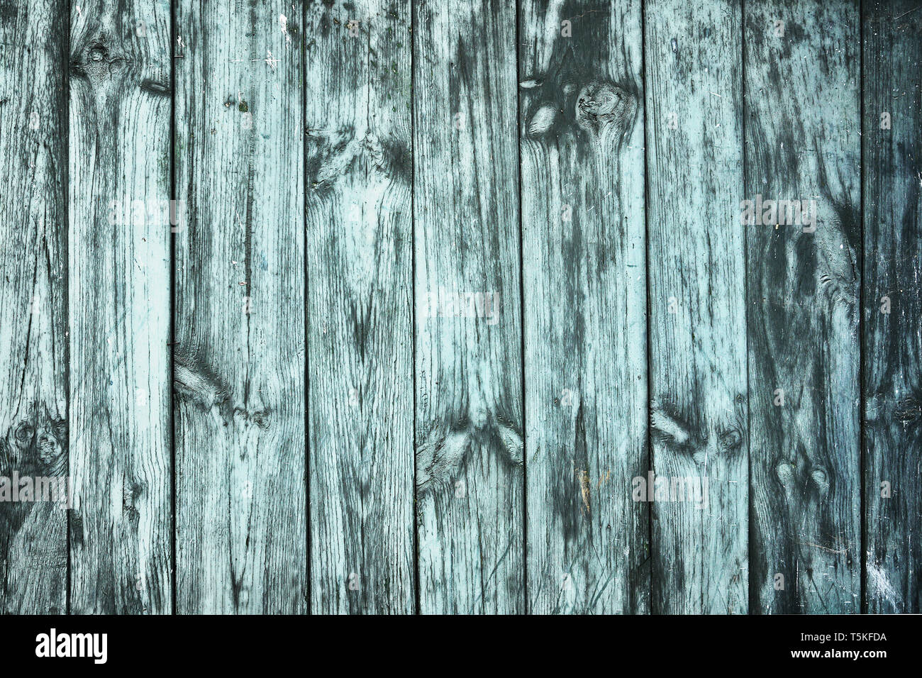 grungy paint layer on wooden surface, weathered green wooden planks Stock Photo