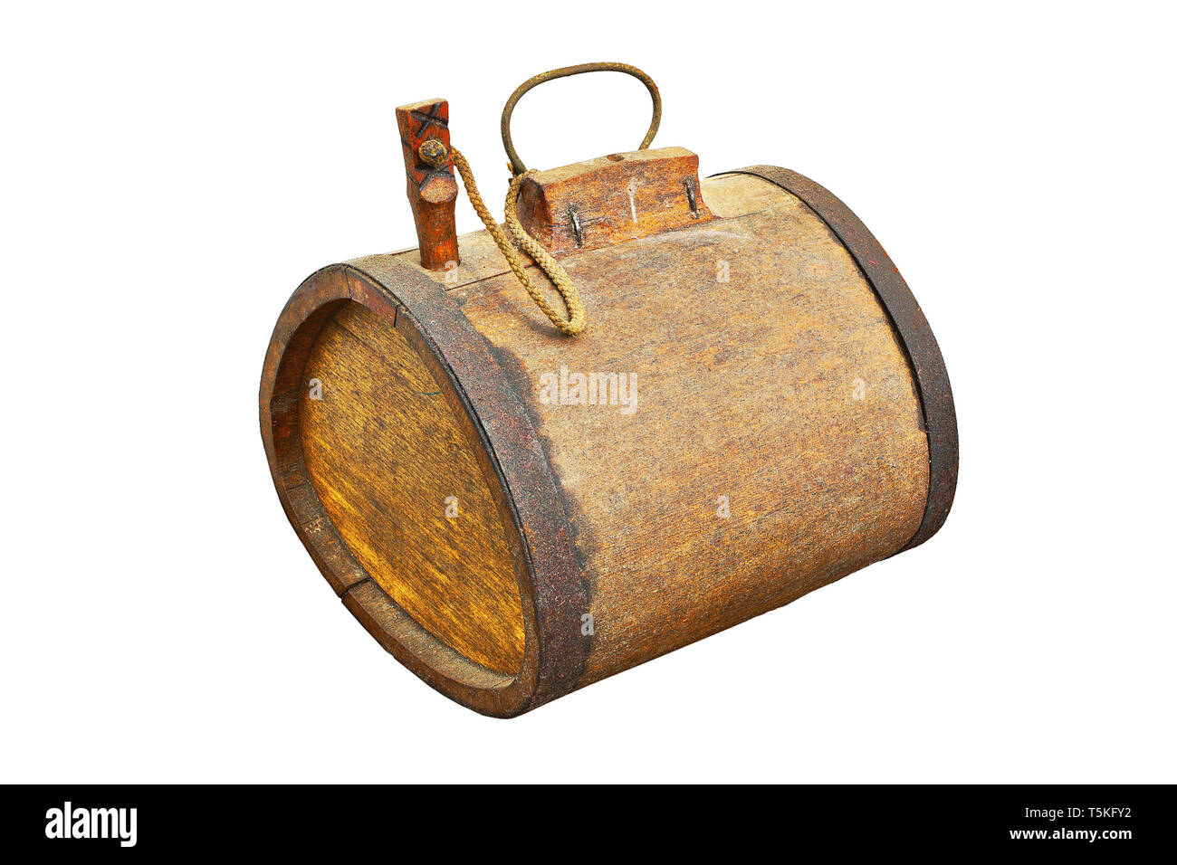 old wooden barrel for alcohol, isolation of historic object over white background Stock Photo