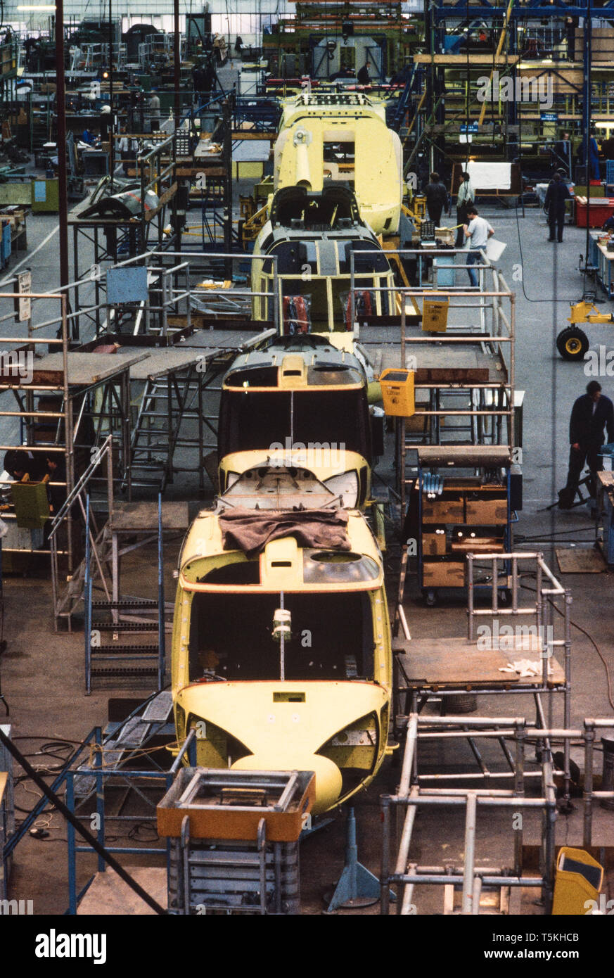 Westland Helicopters at Yeovil, Somerset, England. 1985 Westland Helicopters was a British aerospace company. Originally Westland Aircraft, the company focused on helicopters after the Second World War. It was amalgamated with several other British firms in 1960 and 1961. In 2000, it merged with Italian helicopter manufacturer Agusta to form AgustaWestland,[1] which in turn merged into Leonardo-Finmeccanica in 2016. The Westland affair in 1985–86 was an episode in which Margaret Thatcher, Prime Minister of the United Kingdom, and her Secretary of State for Defence, Michael Heseltine, went publ Stock Photo