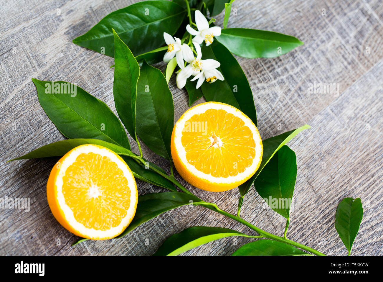 Juicy Orange cut in two parts and neroli, flowers of orange tree, on rustic wood background. The Orange blossom is the fragrant flower of the Citrus i Stock Photo