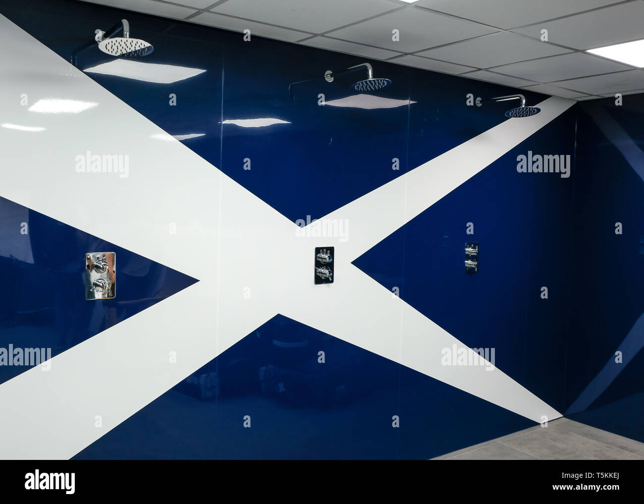 The Scotland rugby team shower room emblazoned with the Scottish flag at  the Murrayfield stadium, Edinburgh, East Lothian, Scotland Stock Photo -  Alamy