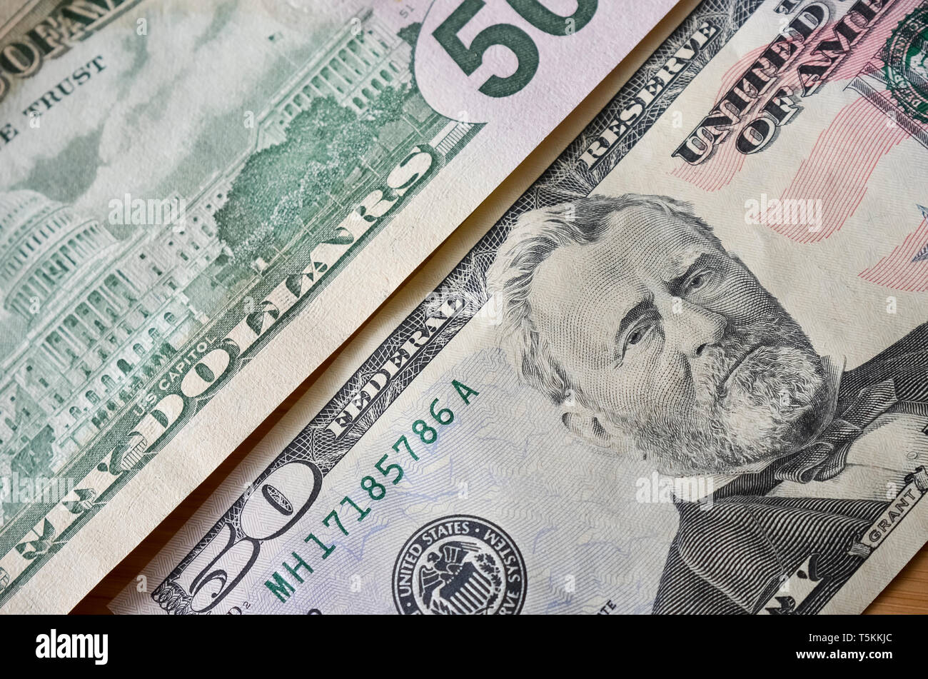 Close Up of Two Fifty Dollar Bills Stock Photo