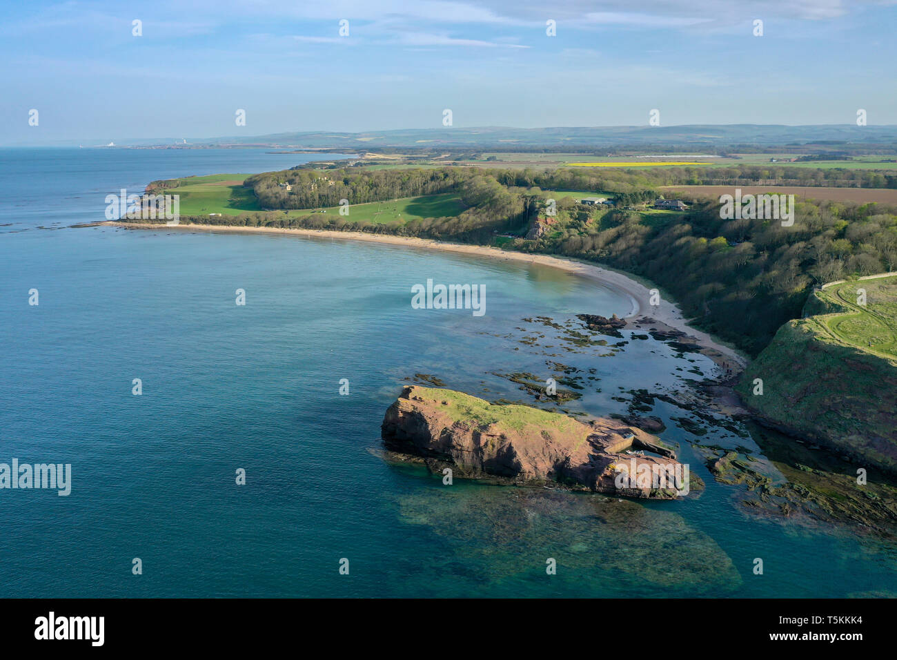 An aerial view of Seacliff beach and the surrounding landscape on a sunny day, North Berwick, East Lothian, Scotland Stock Photo