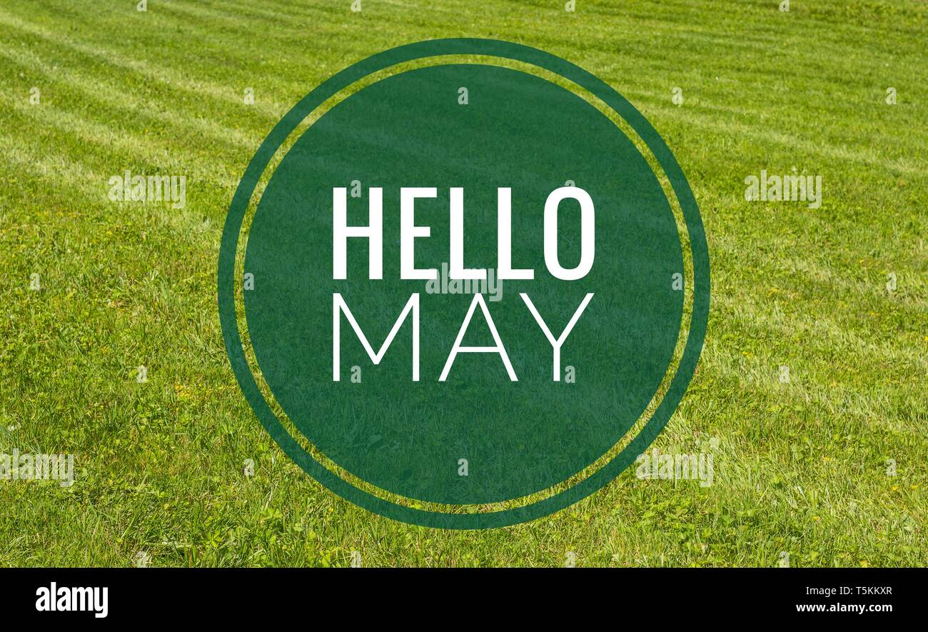 Banner hello may. Text on the photo hello May. card New month
