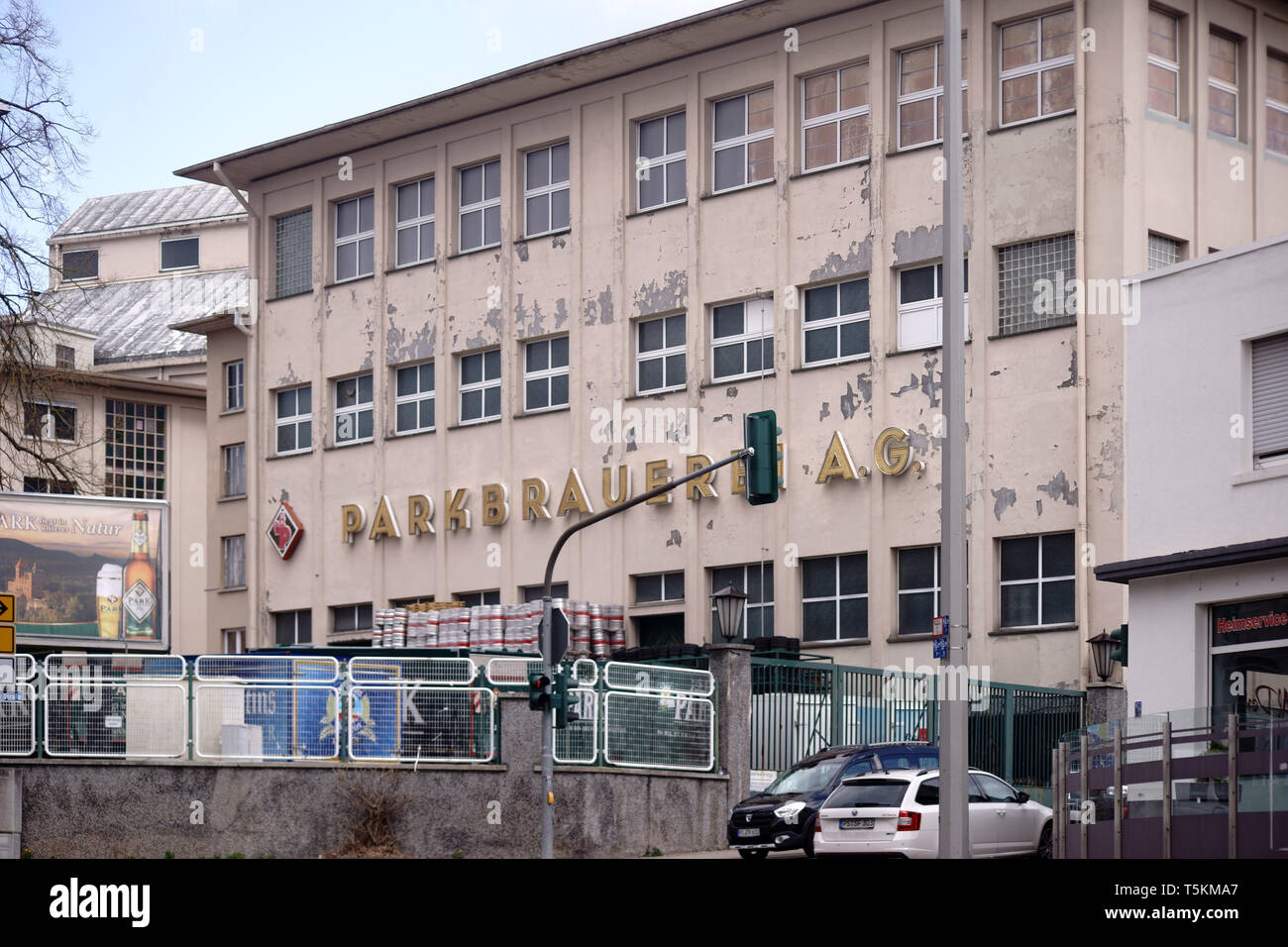 Pirmasens, Germany - March 26, 2019: The vintage facade of an industrial building on the grounds of the Park brewery on March 26, 2019 in Pirmasens. Stock Photo
