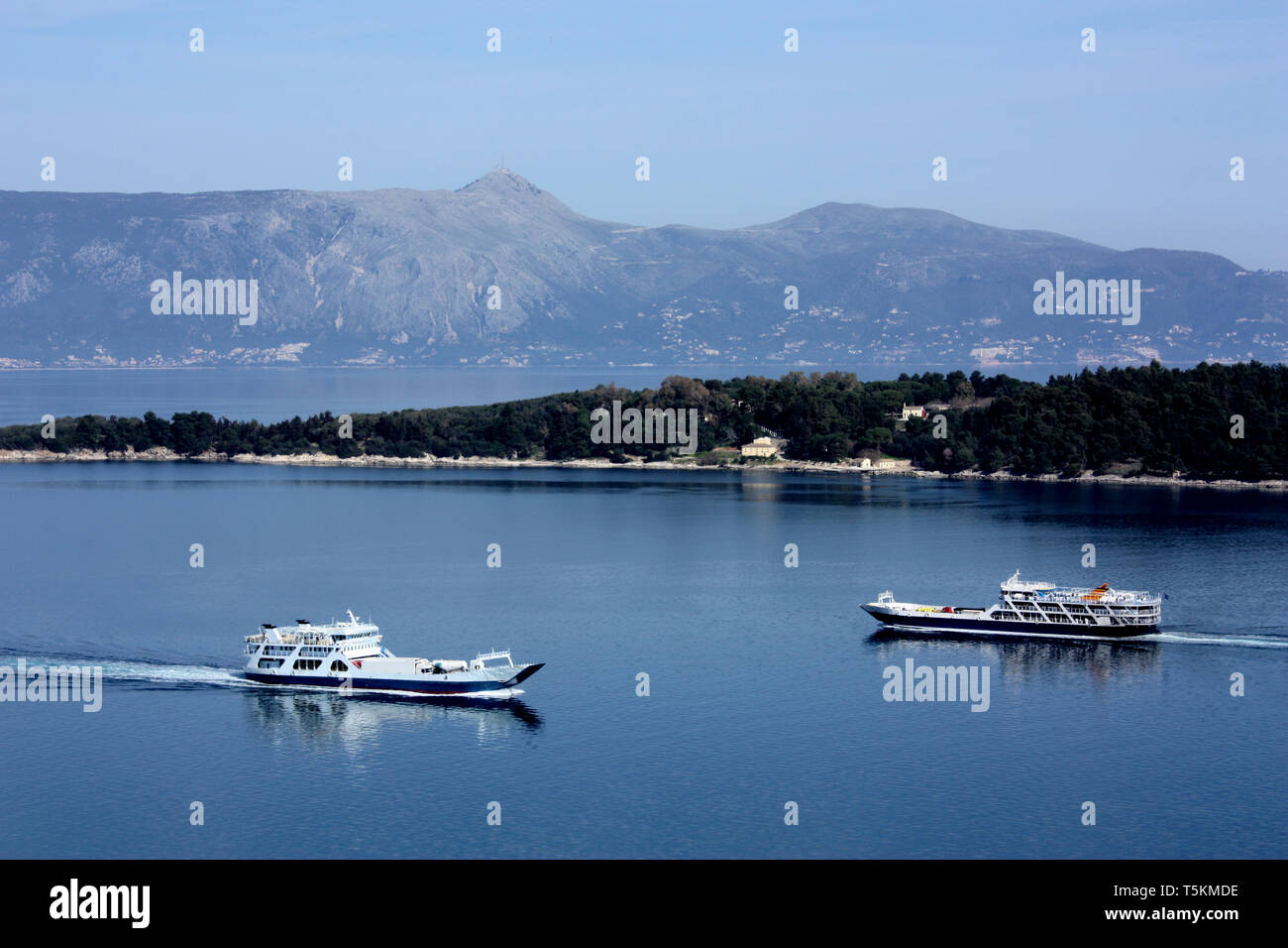 Ferries passing each other as seen from the Old Fort in Corfu. The