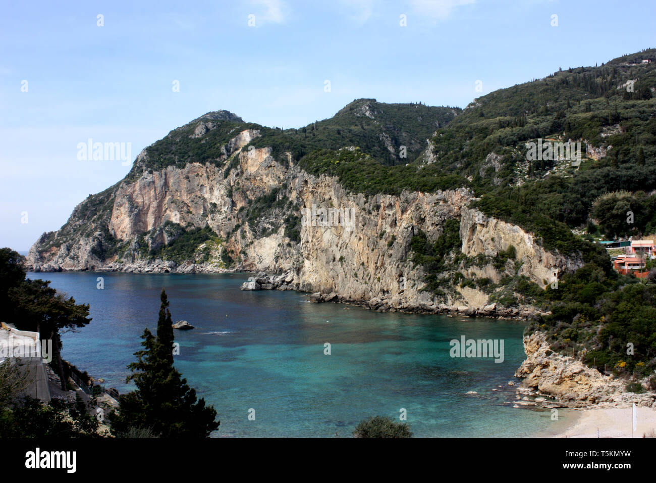 Ampelaki Bay in Palaiokastritsa, a village in northwestern Corfu. Corfu has been suggested to be the mythical island of the Phaeacians Stock Photo